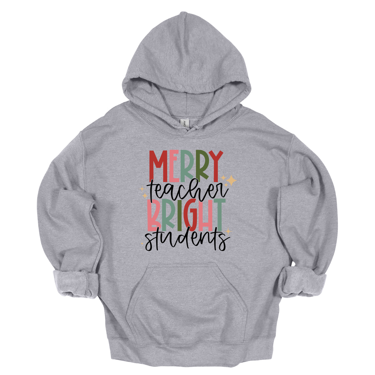 This festive t-shirt showcases the cheerful phrase "Merry Teacher Bright Students" in a delightful design. The words "MERRY" and "BRIGHT" are prominently featured in a blocky yet playful font, with each letter bursting in a vibrant mix of shades of green and red, evoking the spirit of the holiday season. Shop Gorgeousware.com