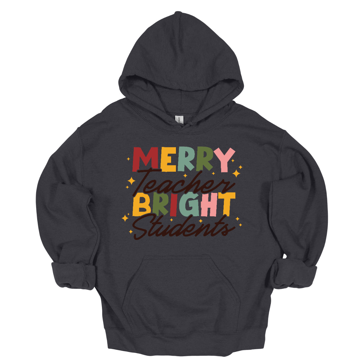 This festive t-shirt showcases the cheerful phrase "Merry Teacher Bright Students" in a delightful design. The words "MERRY" and "BRIGHT" are prominently featured in a blocky yet playful font, with each letter bursting in a vibrant mix of shades of green and red, evoking the spirit of the holiday season. Shop Gorgeousware.com