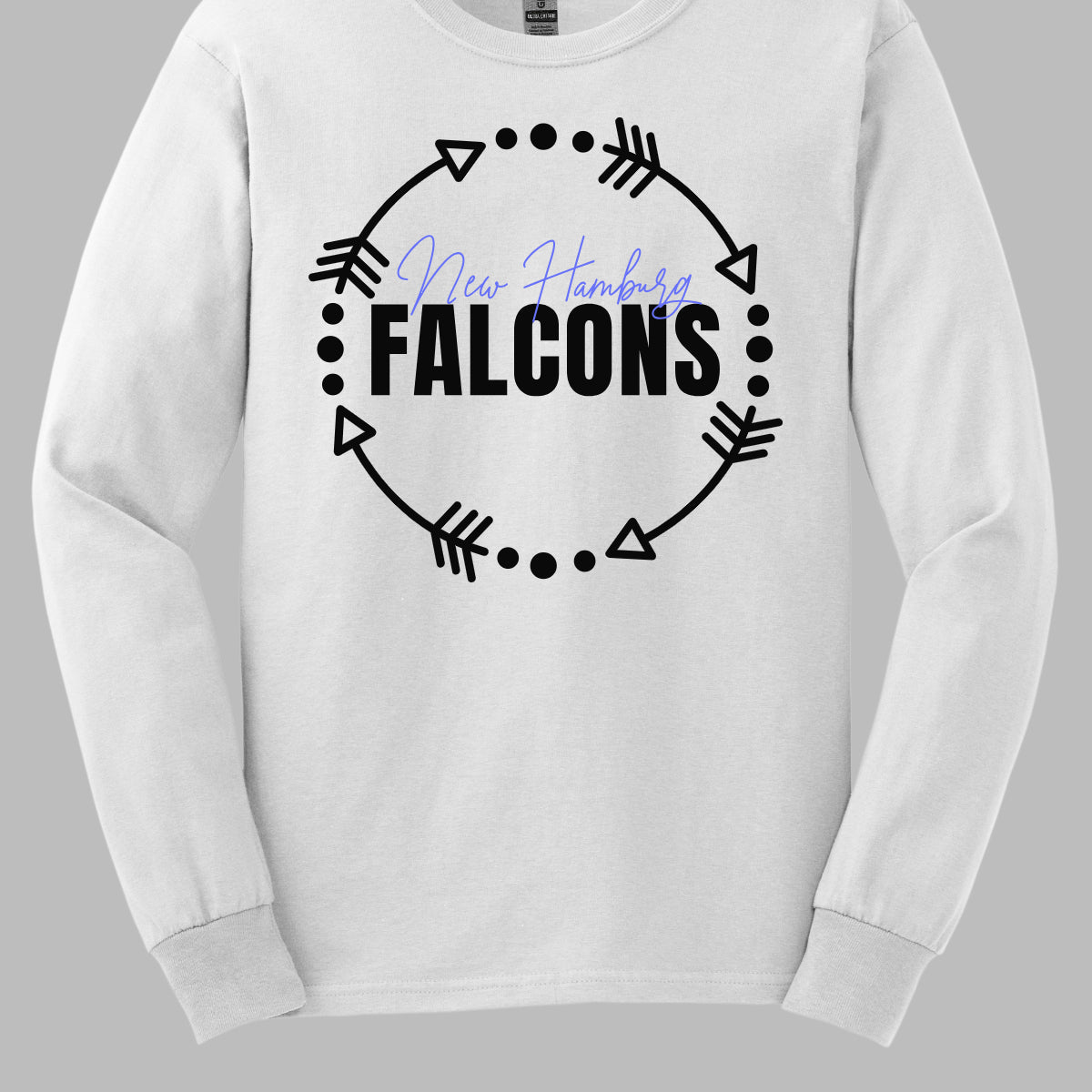 Introducing our latest New Hamburg Falcons spirit wear – a vibrant and stylish way to show your school pride! This apparel features a striking design with a bold white arrow wreath encircling the words "New Hamburg Falcons." The "New Hamburg" text stands out in a vibrant blue, while "Falcons" is highlighted in a crisp black with larger, eye-catching lettering. Shop Gorgeousware.com