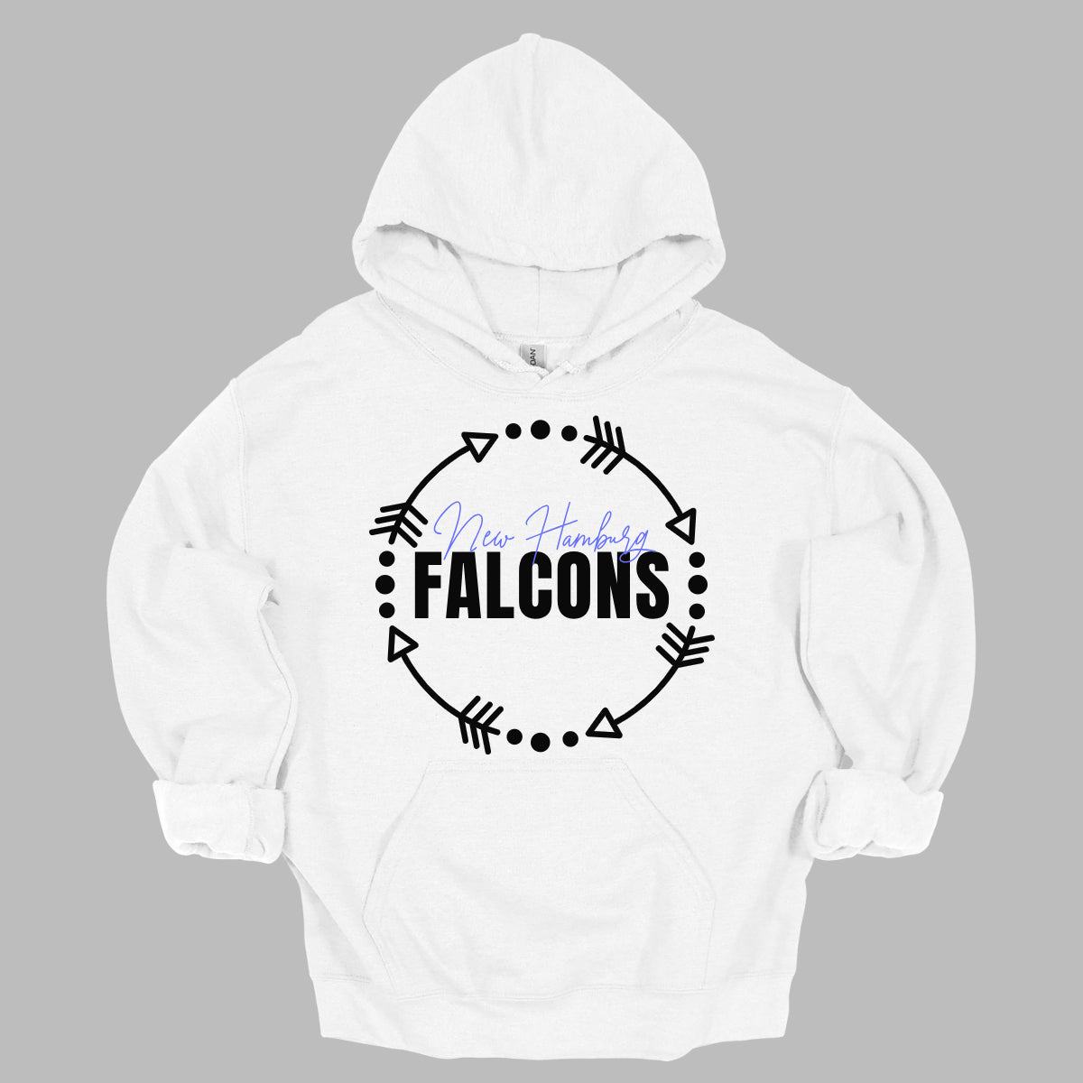 Introducing our latest New Hamburg Falcons spirit wear – a vibrant and stylish way to show your school pride! This apparel features a striking design with a bold white arrow wreath encircling the words "New Hamburg Falcons." The "New Hamburg" text stands out in a vibrant blue, while "Falcons" is highlighted in a crisp black with larger, eye-catching lettering. Shop Gorgeousware.com