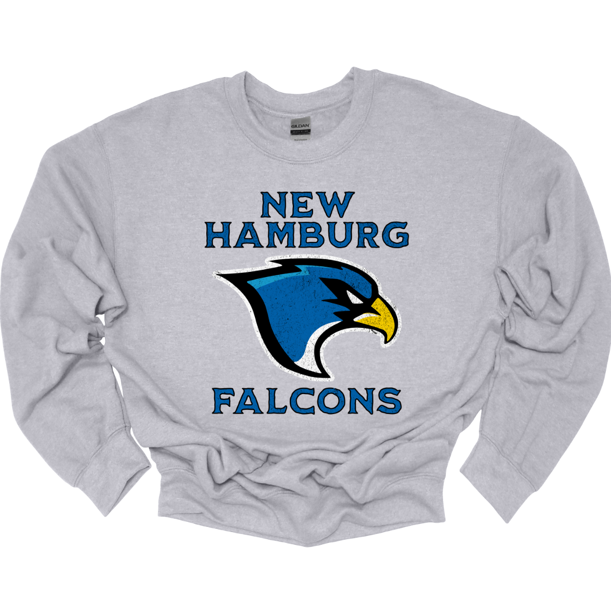 This stylish apparel features a bold design that proudly showcases the name New Hamburg in a grunge-style font, creating a unique, urban vibe. Beneath, the iconic Falcon logo takes center stage, symbolizing strength and pride. Below the logo, the word Falcons is displayed in the same rugged font, adding a fierce sense of unity. The entire design is done in a vibrant royal blue, with a sharp black outline that enhances the edgy look. Shop at Gorgeousware.com