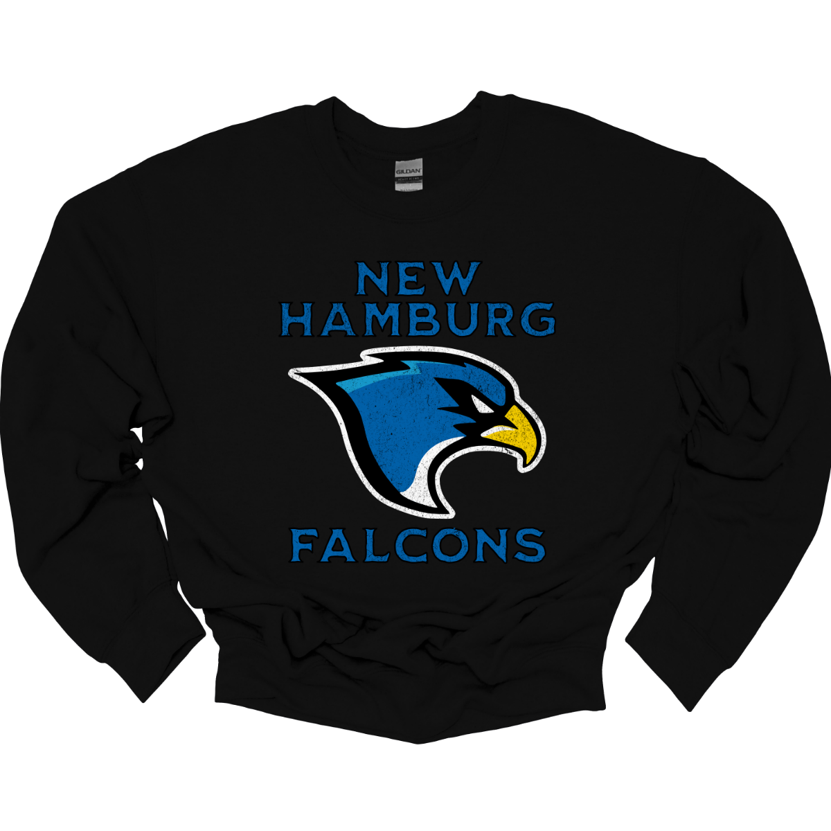 This stylish apparel features a bold design that proudly showcases the name New Hamburg in a grunge-style font, creating a unique, urban vibe. Beneath, the iconic Falcon logo takes center stage, symbolizing strength and pride. Below the logo, the word Falcons is displayed in the same rugged font, adding a fierce sense of unity. The entire design is done in a vibrant royal blue, with a sharp black outline that enhances the edgy look. Shop at Gorgeousware.com