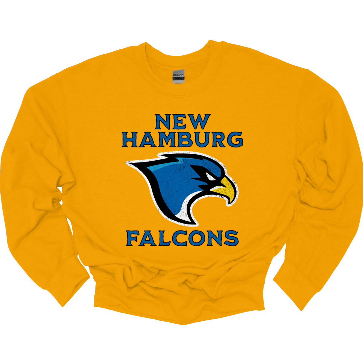 This stylish apparel features a bold design that proudly showcases the name New Hamburg in a grunge-style font, creating a unique, urban vibe. Beneath, the iconic Falcon logo takes center stage, symbolizing strength and pride. Below the logo, the word Falcons is displayed in the same rugged font, adding a fierce sense of unity. The entire design is done in a vibrant royal blue, with a sharp black outline that enhances the edgy look. Shop at Gorgeousware.com