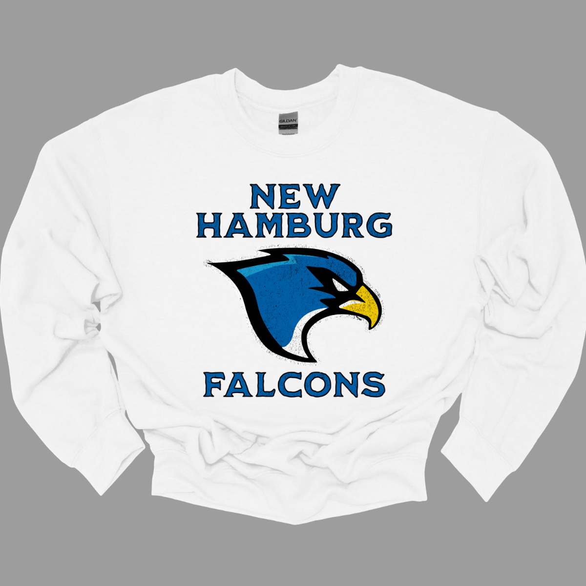 This stylish apparel features a bold design that proudly showcases the name New Hamburg in a grunge-style font, creating a unique, urban vibe. Beneath, the iconic Falcon logo takes center stage, symbolizing strength and pride. Below the logo, the word Falcons is displayed in the same rugged font, adding a fierce sense of unity. The entire design is done in a vibrant royal blue, with a sharp black outline that enhances the edgy look. Shop at Gorgeousware.com