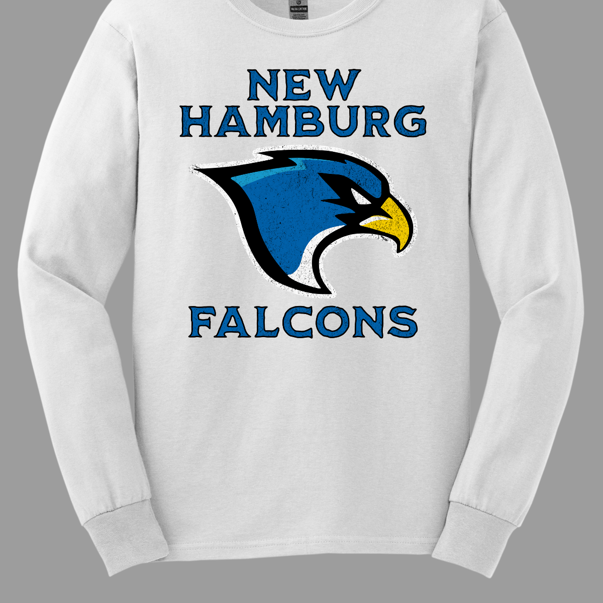 This stylish apparel features a bold design that proudly showcases the name New Hamburg in a grunge-style font, creating a unique, urban vibe. Beneath, the iconic Falcon logo takes center stage, symbolizing strength and pride. Below the logo, the word Falcons is displayed in the same rugged font, adding a fierce sense of unity. The entire design is done in a vibrant royal blue, with a sharp black outline that enhances the edgy look. Shop at Gorgeousware.com