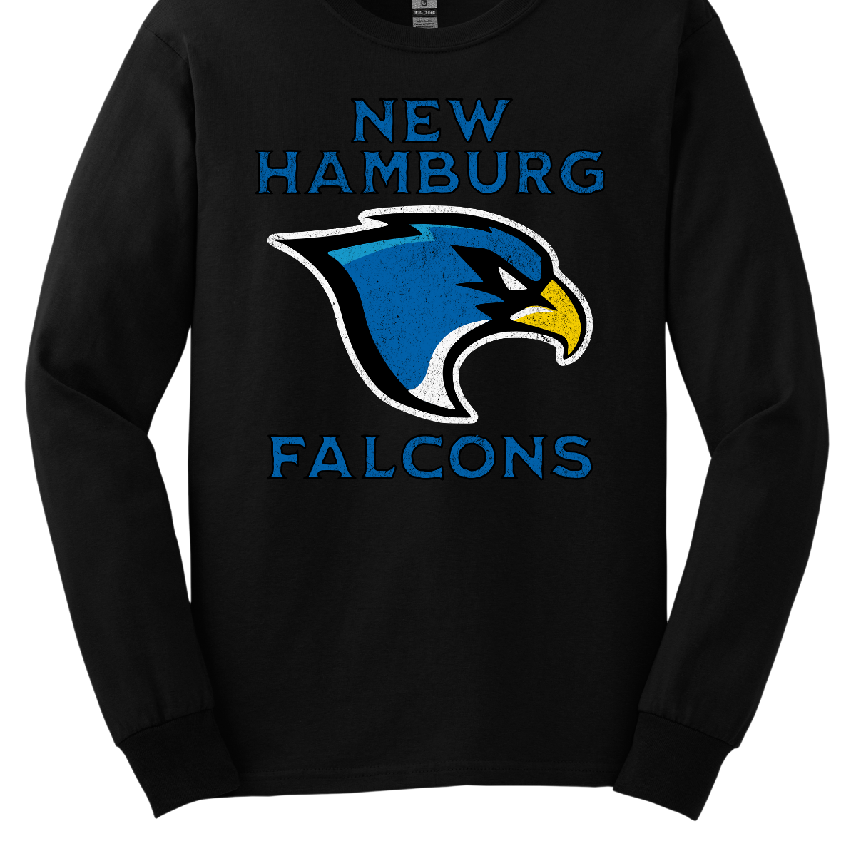 This stylish apparel features a bold design that proudly showcases the name New Hamburg in a grunge-style font, creating a unique, urban vibe. Beneath, the iconic Falcon logo takes center stage, symbolizing strength and pride. Below the logo, the word Falcons is displayed in the same rugged font, adding a fierce sense of unity. The entire design is done in a vibrant royal blue, with a sharp black outline that enhances the edgy look. Shop at Gorgeousware.com