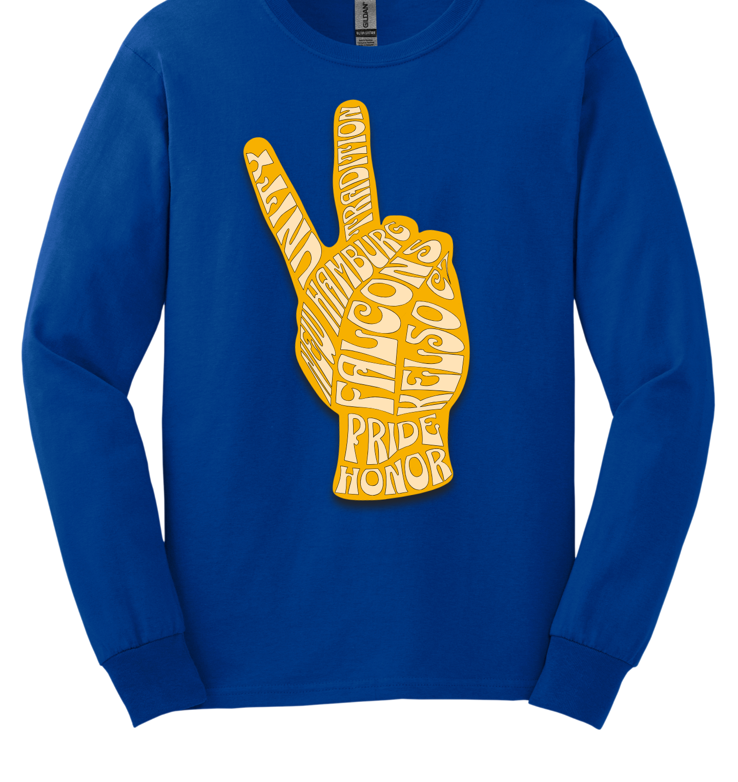A bold and uplifting design that symbolizes both peace and school spirit. The central focus is a large, gold peace hand, its fingers forming the classic “peace” gesture, with a vibrant gold hue that stands out against the apparel’s base color. Inside the outline of the hand, the words "Unity," "Pride," "Tradition," and "Honor" that embodies school pride and unity can be artistically integrated into the hand's interior. Shop at Gorgeousware.com