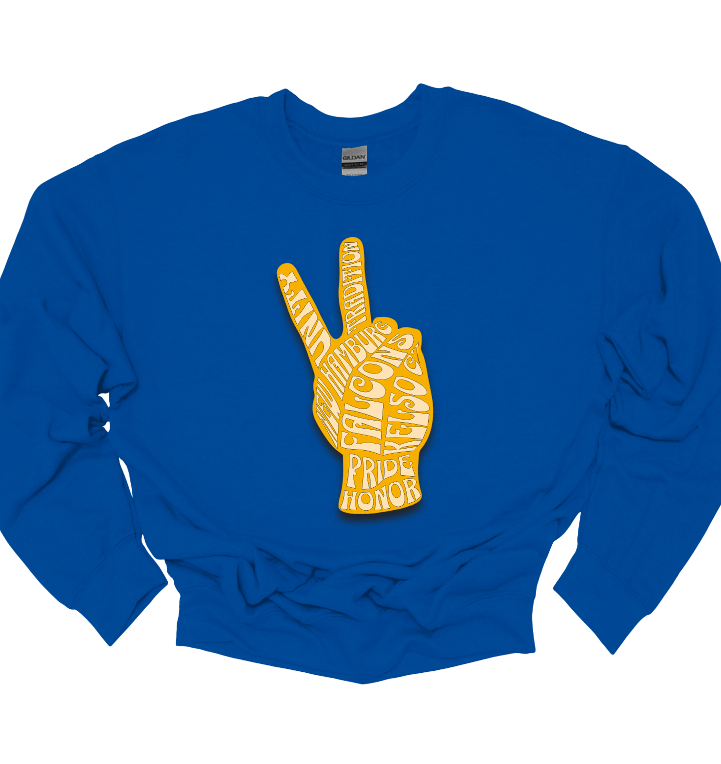 A bold and uplifting design that symbolizes both peace and school spirit. The central focus is a large, gold peace hand, its fingers forming the classic “peace” gesture, with a vibrant gold hue that stands out against the apparel’s base color. Inside the outline of the hand, the words "Unity," "Pride," "Tradition," and "Honor" that embodies school pride and unity can be artistically integrated into the hand's interior. Shop at Gorgeousware.com