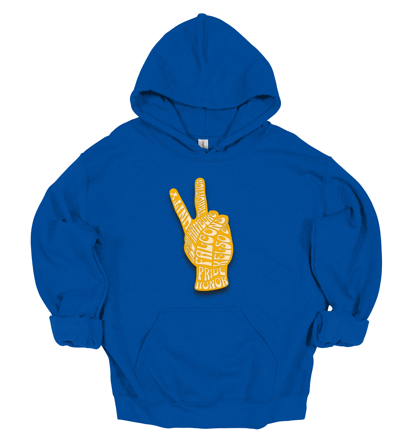 A bold and uplifting design that symbolizes both peace and school spirit. The central focus is a large, gold peace hand, its fingers forming the classic “peace” gesture, with a vibrant gold hue that stands out against the apparel’s base color.
Inside the outline of the hand, the words "Unity," "Pride," "Tradition," and "Honor" that embodies school pride and unity can be artistically integrated into the hand's interior. Shop at Gorgeousware.com