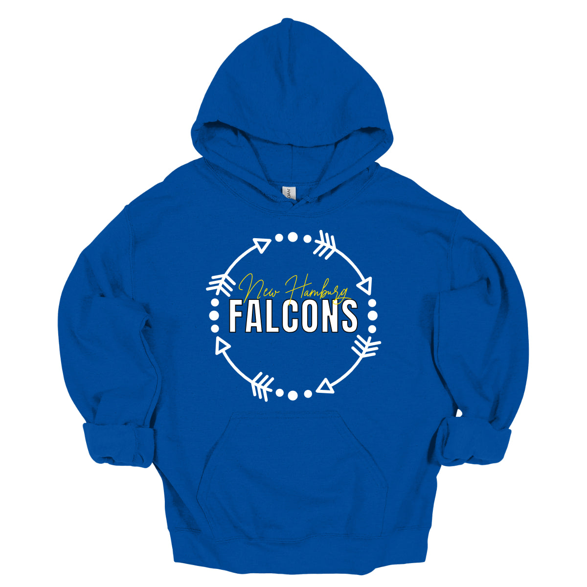 Introducing our latest New Hamburg Falcons spirit wear – a vibrant and stylish way to show your school pride! This apparel features a striking design with a bold white arrow wreath encircling the words "New Hamburg Falcons." The "New Hamburg" text stands out in a vibrant yellow, while "Falcons" is highlighted in a crisp white with larger, eye-catching lettering. Shop Gorgeousware.com