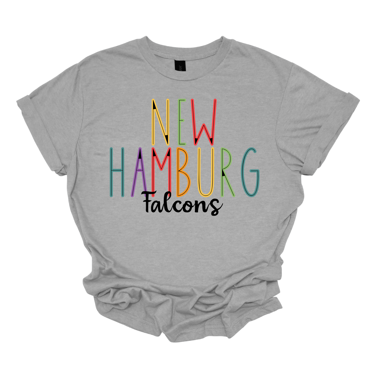 Show your New Hamburg pride with our vibrant New Hamburg Falcons Spirit wear T-shirt! This eye-catching design features "New Hamburg" prominently highlighted in a spectrum of bold, dynamic colors, showcasing your school spirit in every shade. The word "Falcons" is elegantly scripted in black cursive, adding a touch of classic sophistication to this spirited tee. Perfect for game days, pep rallies, or everyday wear, this shirt combines modern flair with timeless school pride. Shop at Gorgeousware.com