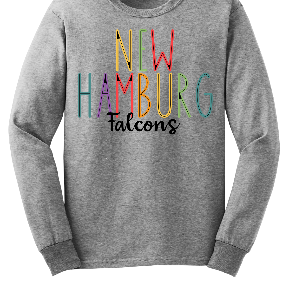 Show your New Hamburg pride with our vibrant New Hamburg Falcons Spirit wear T-shirt! This eye-catching design features "New Hamburg" prominently highlighted in a spectrum of bold, dynamic colors, showcasing your school spirit in every shade. The word "Falcons" is elegantly scripted in black cursive, adding a touch of classic sophistication to this spirited tee. Perfect for game days, pep rallies, or everyday wear, this shirt combines modern flair with timeless school pride. Shop at Gorgeousware.com