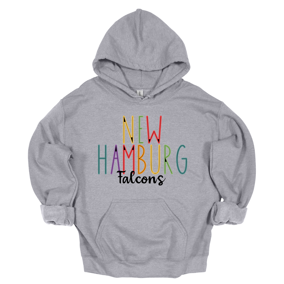 Show your New Hamburg pride with our vibrant New Hamburg Falcons Spirit wear T-shirt! This eye-catching design features "New Hamburg" prominently highlighted in a spectrum of bold, dynamic colors, showcasing your school spirit in every shade. The word "Falcons" is elegantly scripted in black cursive, adding a touch of classic sophistication to this spirited tee. Perfect for game days, pep rallies, or everyday wear, this shirt combines modern flair with timeless school pride. Shop at Gorgeousware.com