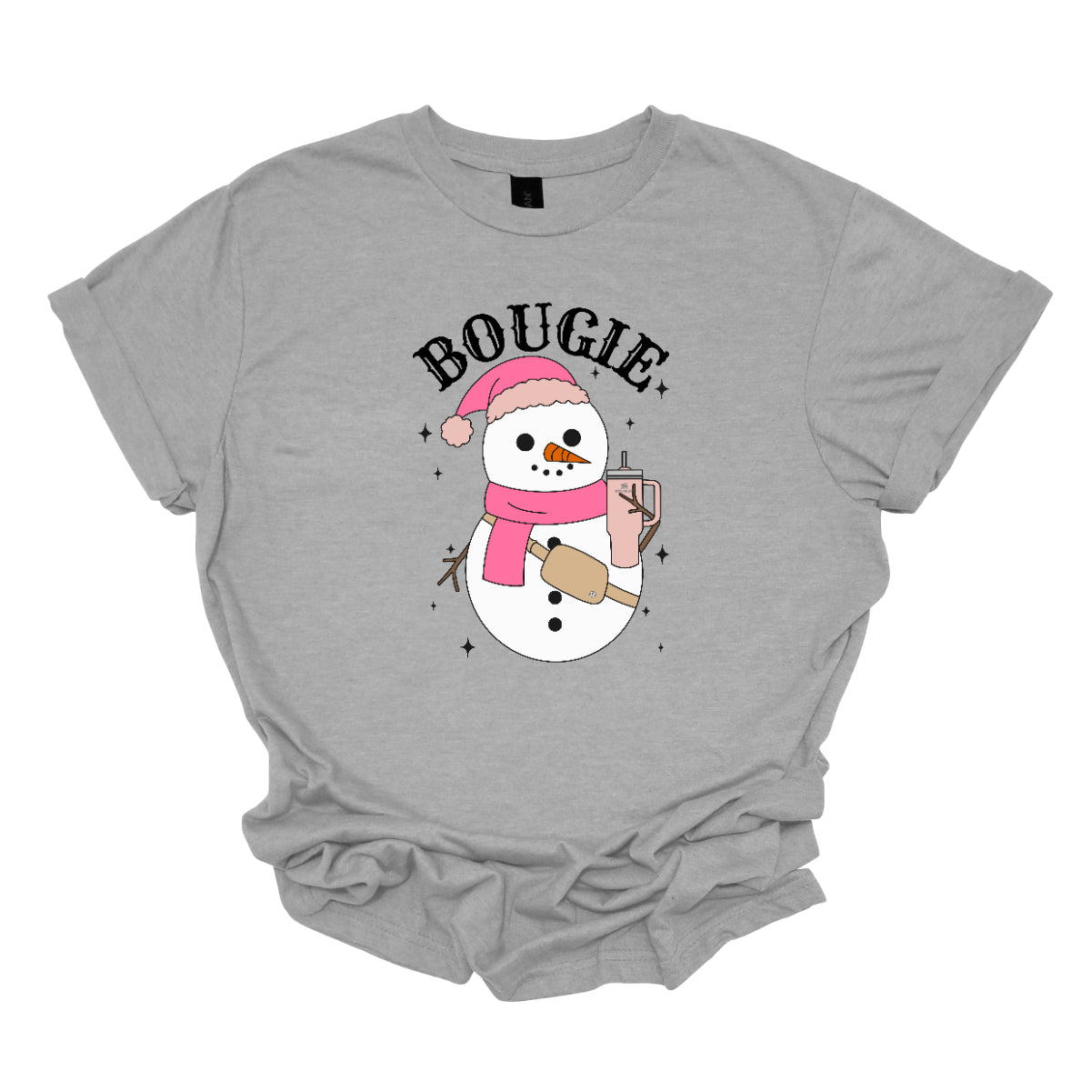 This chic t-shirt features the word "BOUGIE" in elegant, fancy lettering, capturing a stylish vibe. Beneath the text is a charming illustration of a snowman, decked out in a cute pink hat and scarf, exuding festive flair. The snowman is holding a pale pink Stanley cup, adding a trendy touch, while a beige Lululemon belt bag rests around its waist, complete with sparkles that catch the eye and enhance the glamorous theme. Shop Gorgeousware.com