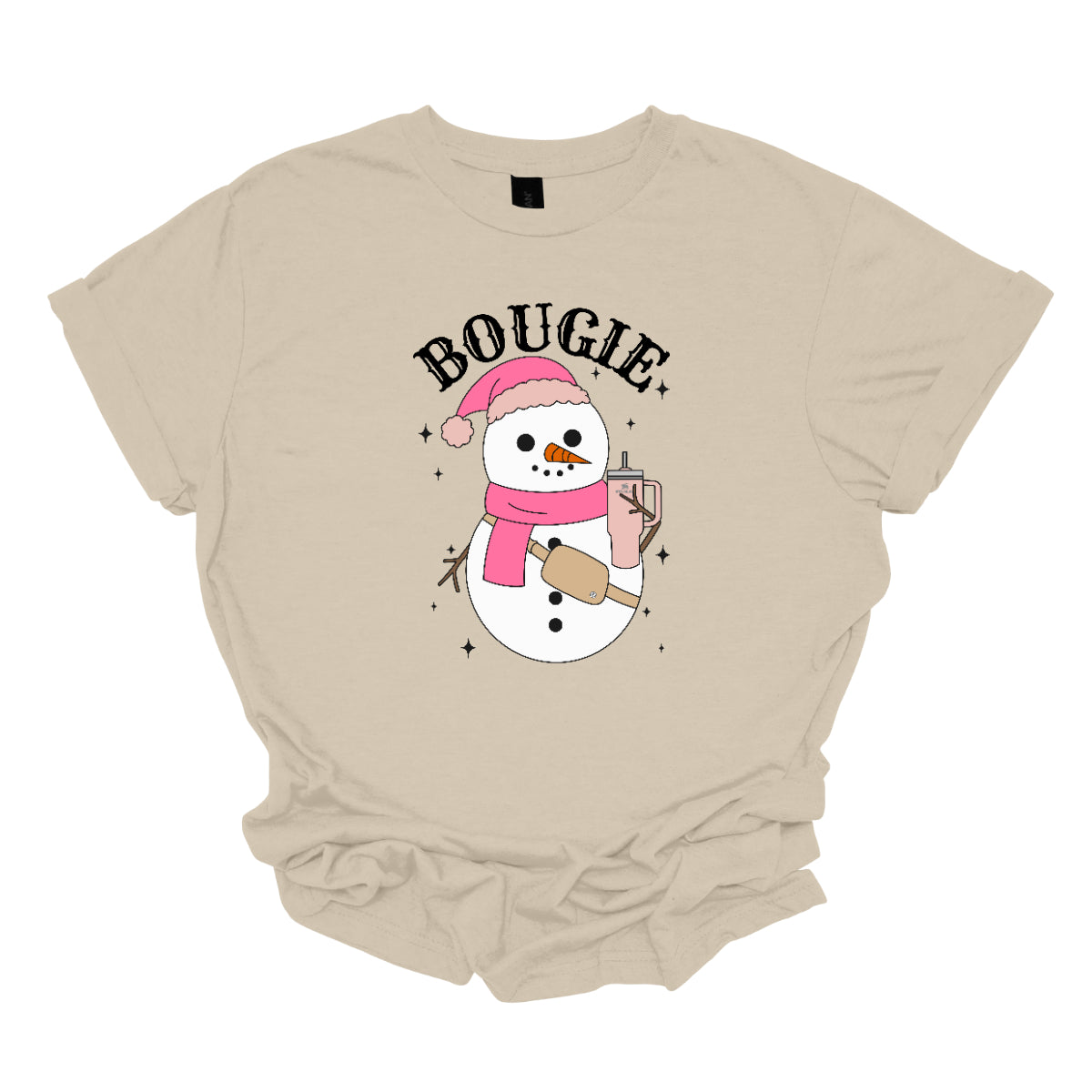 This chic t-shirt features the word "BOUGIE" in elegant, fancy lettering, capturing a stylish vibe. Beneath the text is a charming illustration of a snowman, decked out in a cute pink hat and scarf, exuding festive flair. The snowman is holding a pale pink Stanley cup, adding a trendy touch, while a beige Lululemon belt bag rests around its waist, complete with sparkles that catch the eye and enhance the glamorous theme. Shop Gorgeousware.com