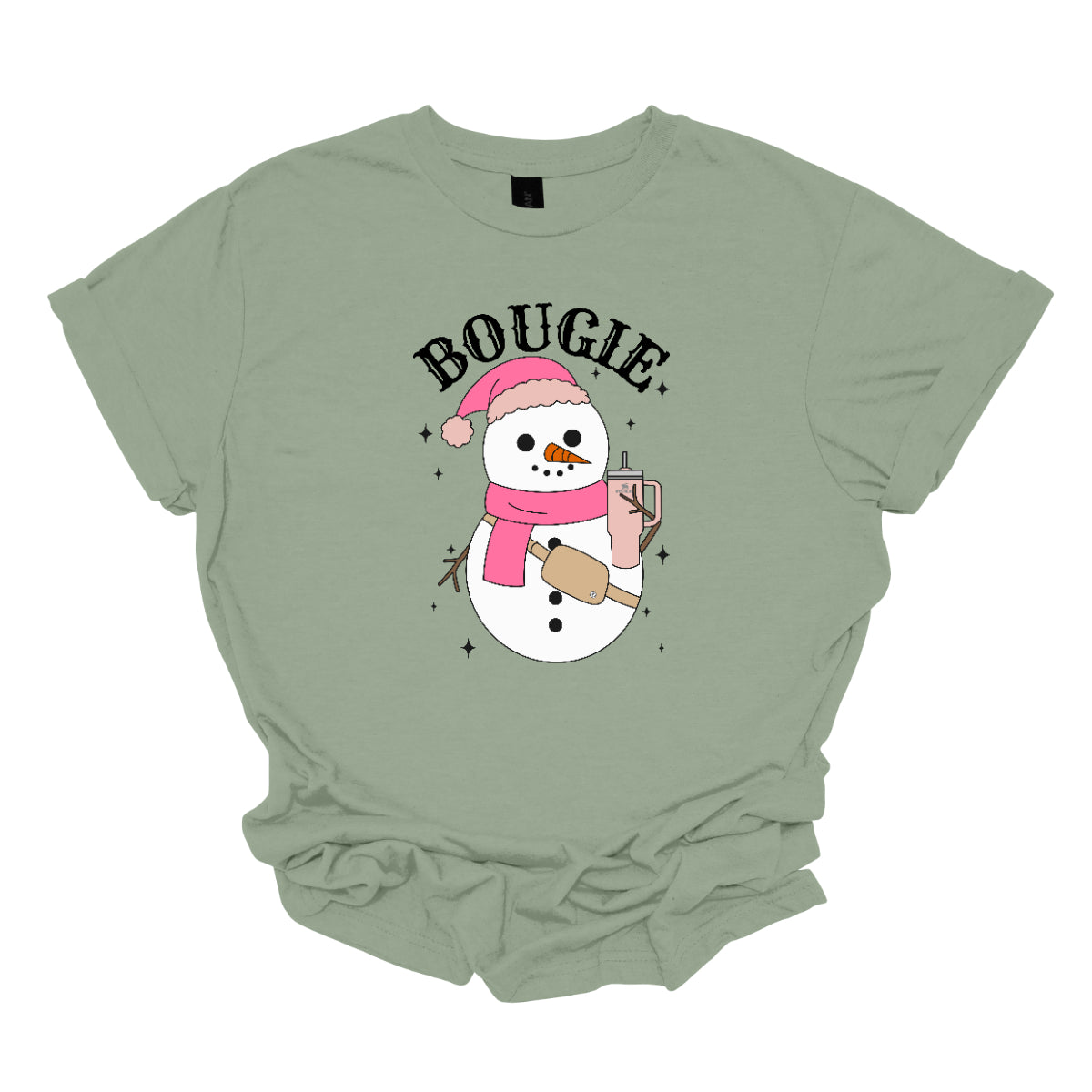 This chic t-shirt features the word "BOUGIE" in elegant, fancy lettering, capturing a stylish vibe. Beneath the text is a charming illustration of a snowman, decked out in a cute pink hat and scarf, exuding festive flair. The snowman is holding a pale pink Stanley cup, adding a trendy touch, while a beige Lululemon belt bag rests around its waist, complete with sparkles that catch the eye and enhance the glamorous theme. Shop Gorgeousware.com