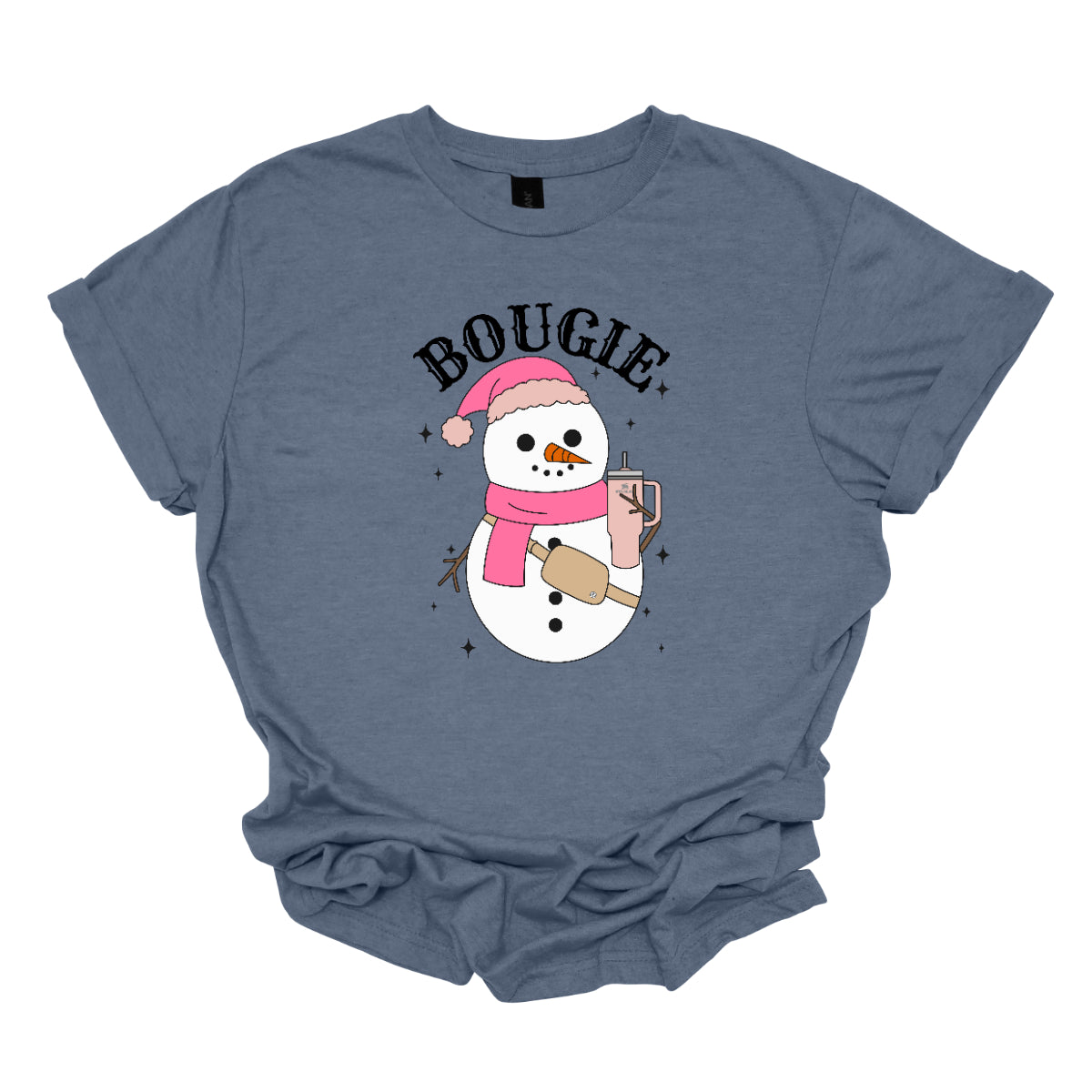 This chic t-shirt features the word "BOUGIE" in elegant, fancy lettering, capturing a stylish vibe. Beneath the text is a charming illustration of a snowman, decked out in a cute pink hat and scarf, exuding festive flair. The snowman is holding a pale pink Stanley cup, adding a trendy touch, while a beige Lululemon belt bag rests around its waist, complete with sparkles that catch the eye and enhance the glamorous theme. Shop Gorgeousware.com