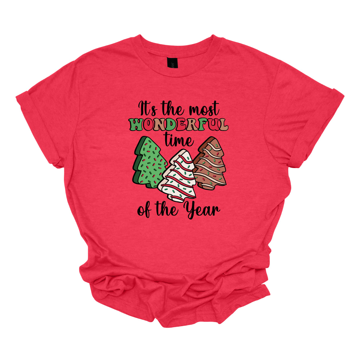 This festive t-shirt features the phrase "It's the most wonderful time of the year" in a stylish black cursive font, creating an elegant backdrop for the holiday message. The word "wonderful" stands out in a playful bubbly font that alternates between vibrant green, cheerful red, and warm brown, adding a whimsical touch. Shop Gorgeousware.com