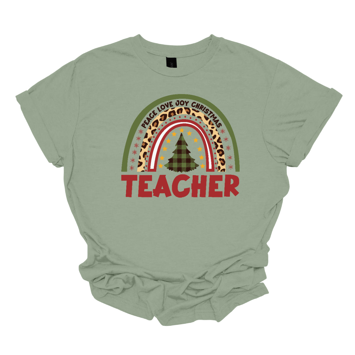 The t-shirt design features a vibrant, patterned rainbow that arcs gracefully across the fabric. Each color of the rainbow is adorned with playful patterns, such as polka dots, snowflakes, and cheetah print, adding a whimsical touch. At the center of the rainbow stands a beautifully illustrated Christmas tree. Shop at orgeousware.com