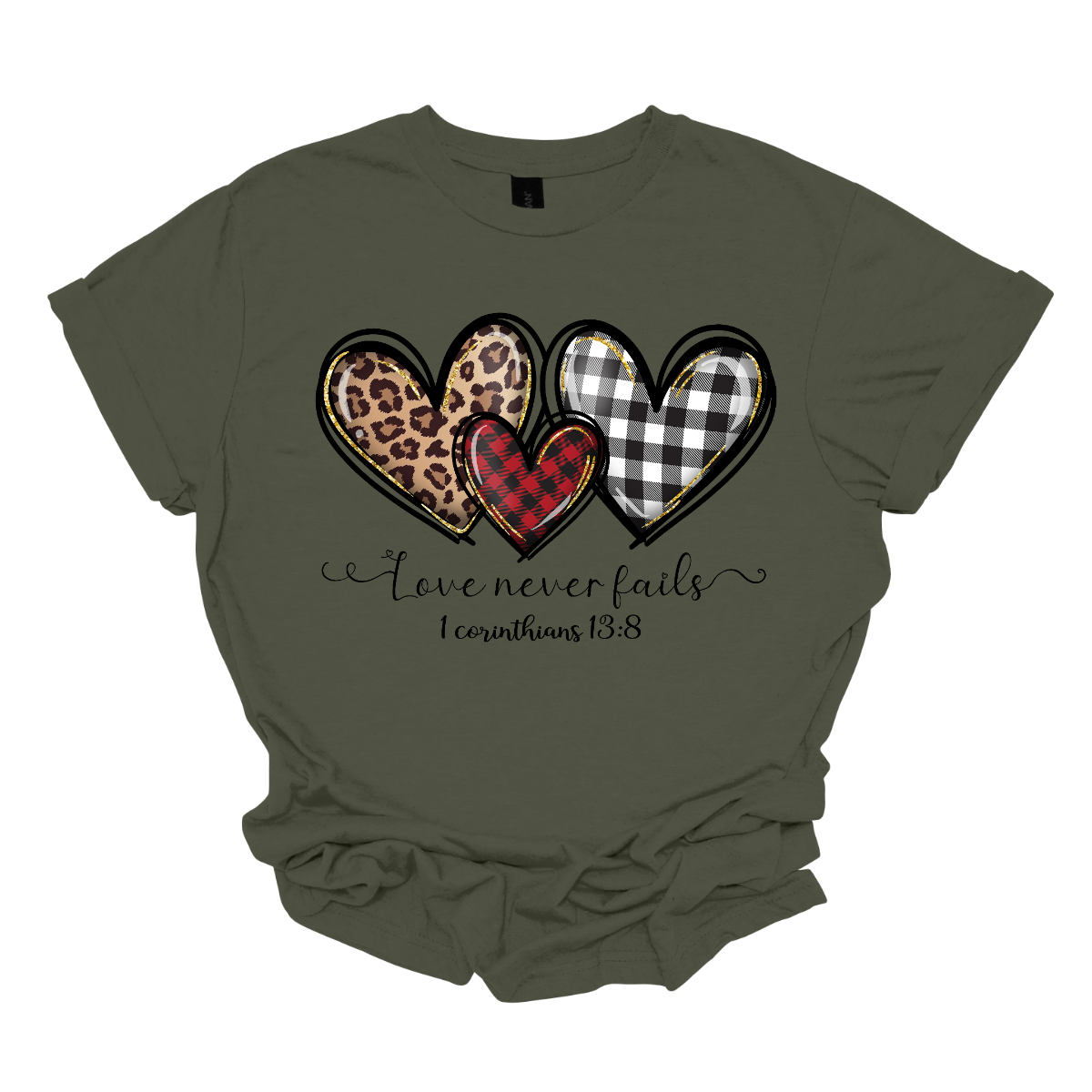 Introducing our "Love Never Fails - 1 Corinthians 13:8" T-shirt – a profound and heartwarming garment adorned with three adorable patterned hearts. This shirt carries a timeless message inspired by the scripture, emphasizing the enduring nature of love. The phrase "Love Never Fails - 1 Corinthians 13:8" is elegantly displayed, drawing inspiration from the Bible verse. Surrounding the sentiment are three cute hearts, each uniquely patterned with delightful designs. Shop at Gorgeousware.com