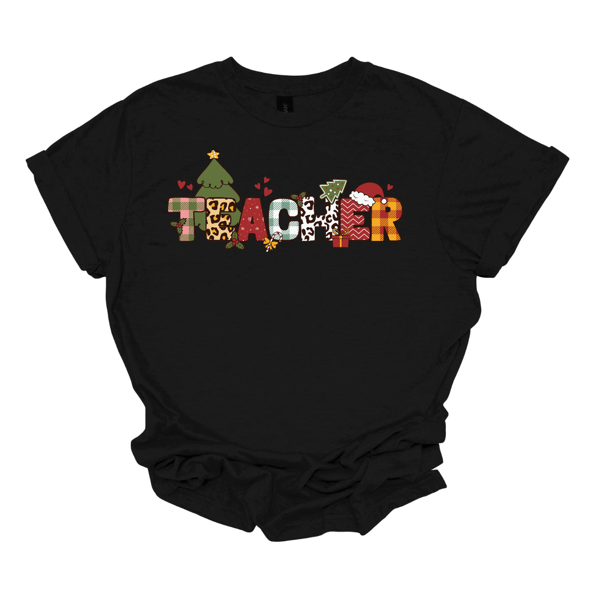 This eye-catching t-shirt boldly displays the word "TEACHER" in large block letters, each letter showcasing a unique style of print that adds a fun and creative flair. Behind the first "E," a cheerful Christmas tree adds a festive touch, while the second "E" is adorned with a cute Santa hat, making it even more playful. Shop Gorgeouswre.com