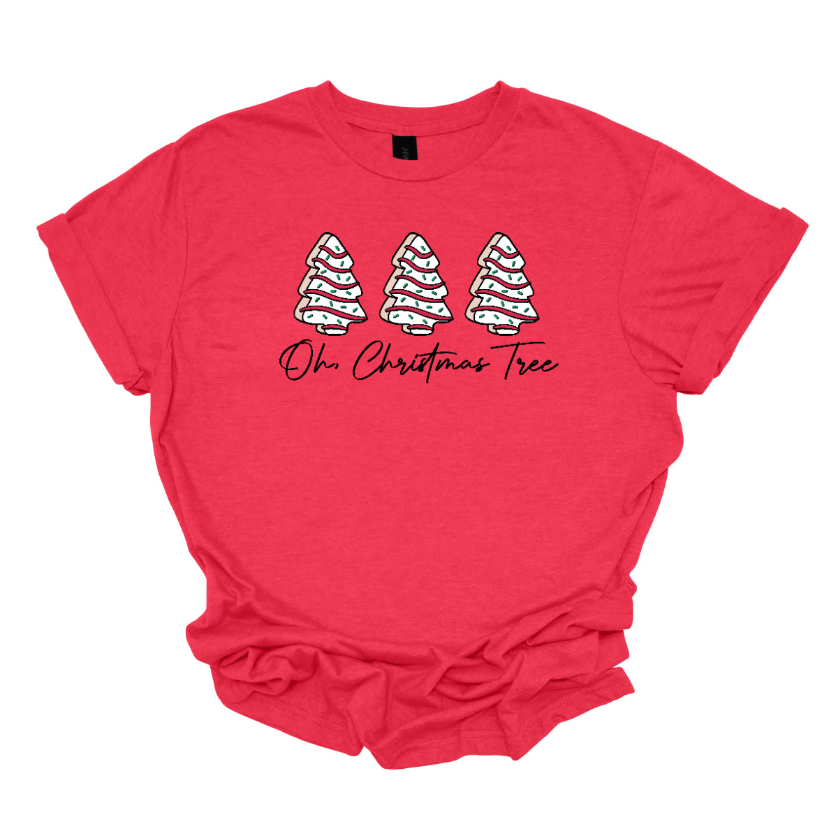 This t-shirt features a whimsical holiday design that’s perfect for spreading cheer. The shirt is adorned with the phrase “Oh Christmas Tree” written in elegant black cursive font, adding a touch of sophistication to the festive message. Above the words, three iconic Christmas tree snack cakes are illustrated, each depicted with their classic, playful decorations. Shop Gorgeousware.com