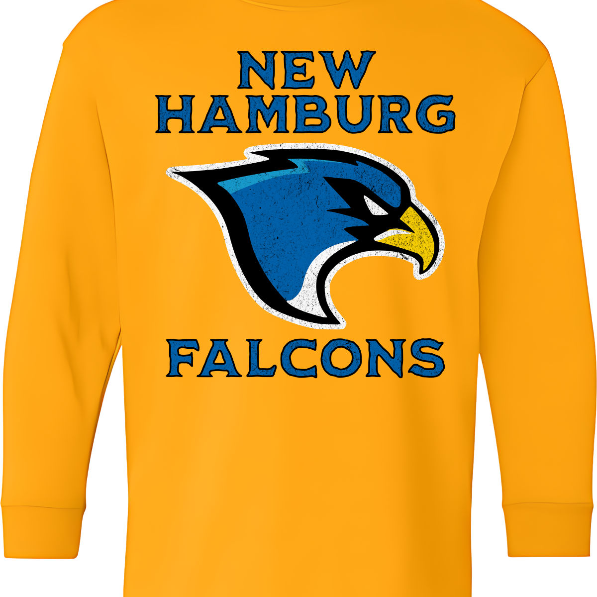 This stylish apparel features a bold design that proudly showcases the name New Hamburg in a grunge-style font, creating a unique, urban vibe. Beneath, the iconic Falcon logo takes center stage, symbolizing strength and pride. Below the logo, the word Falcons is displayed in the same rugged font, adding a fierce sense of unity. The entire design is done in a vibrant royal blue, with a sharp black outline that enhances the edgy look. Shop at Gorgeousware.com