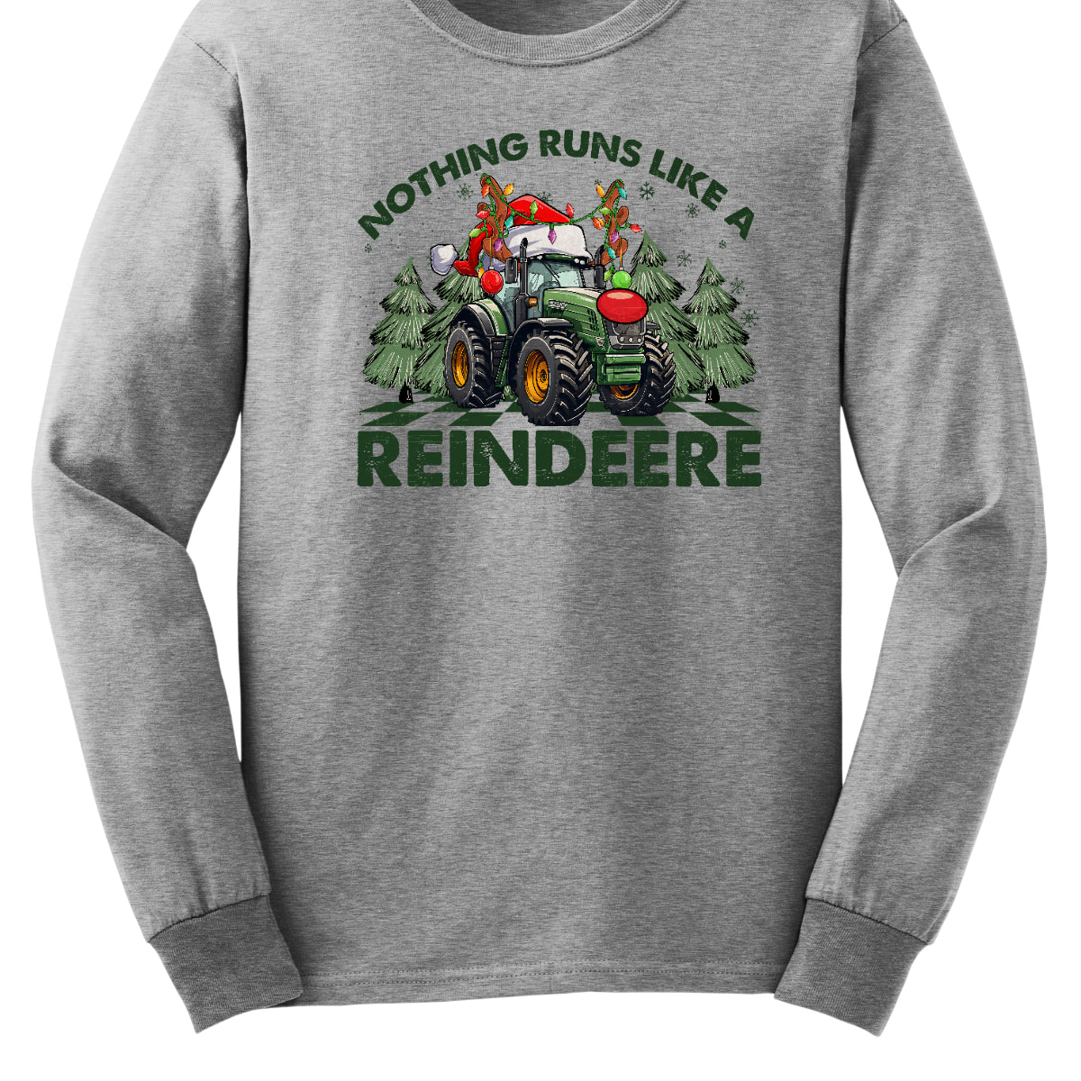 This playful t-shirt features the catchy phrase "Nothing runs like a reindeer" in bold black font, making a fun statement that’s perfect for the holiday season. At the center of the shirt, a charming John Deere tractor is decked out for Christmas: it sports a bright red nose, festive antlers, and a classic Santa hat, creating a delightful and humorous twist. The tractor is surrounded by whimsical Christmas trees, adding a cheerful backdrop that enhances the festive vibe. Shop Gorgeousware.com