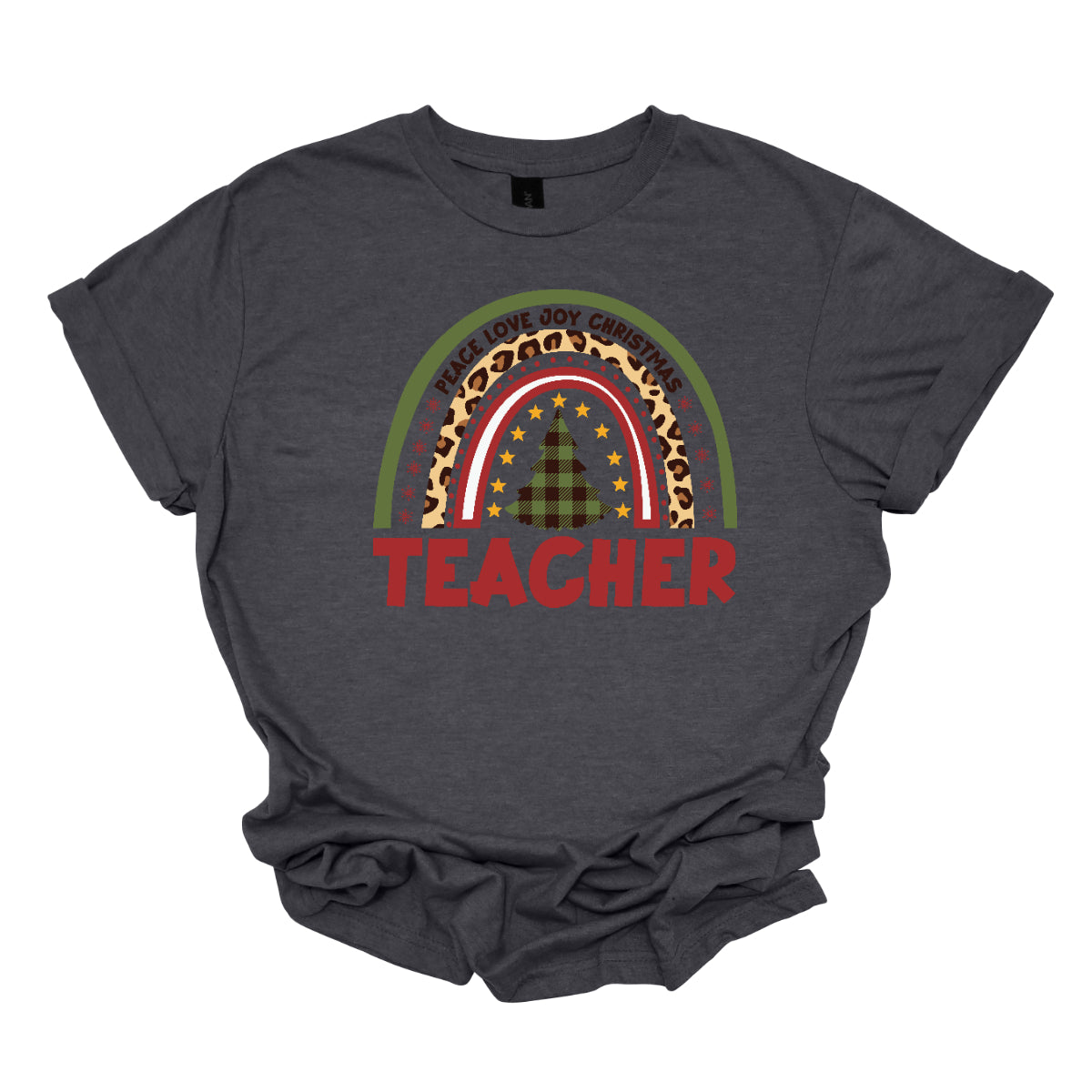 The t-shirt design features a vibrant, patterned rainbow that arcs gracefully across the fabric. Each color of the rainbow is adorned with playful patterns, such as polka dots, snowflakes, and cheetah print, adding a whimsical touch. At the center of the rainbow stands a beautifully illustrated Christmas tree. Shop at orgeousware.com