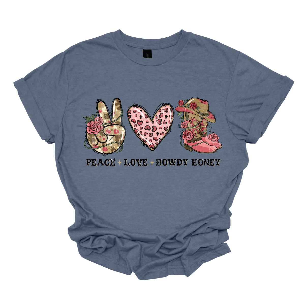Introducing our "Peace, Love, Howdy Honey" T-shirt – a delightful and charming garment that beautifully combines messages of peace and love with a touch of Western flair. This shirt features a hand showing the peace sign, a heart, and iconic cowgirl boots adorned with a stylish cowgirl hat sitting on top. Shop at Gorgesouware.com