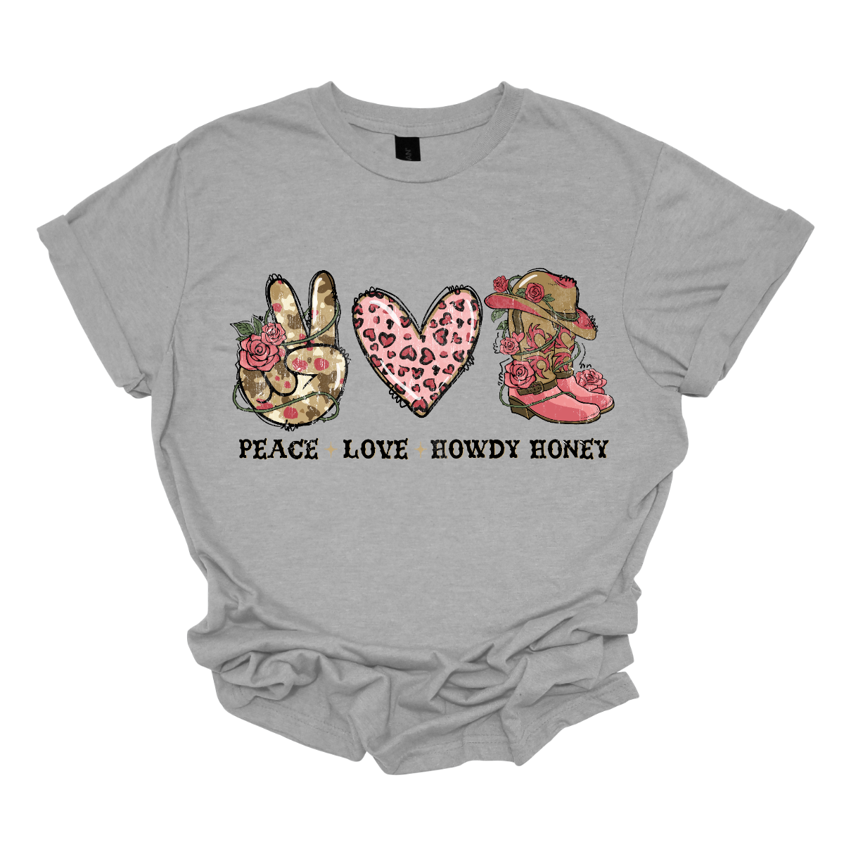 Introducing our "Peace, Love, Howdy Honey" T-shirt – a delightful and charming garment that beautifully combines messages of peace and love with a touch of Western flair. This shirt features a hand showing the peace sign, a heart, and iconic cowgirl boots adorned with a stylish cowgirl hat sitting on top. Shop at Gorgesouware.com