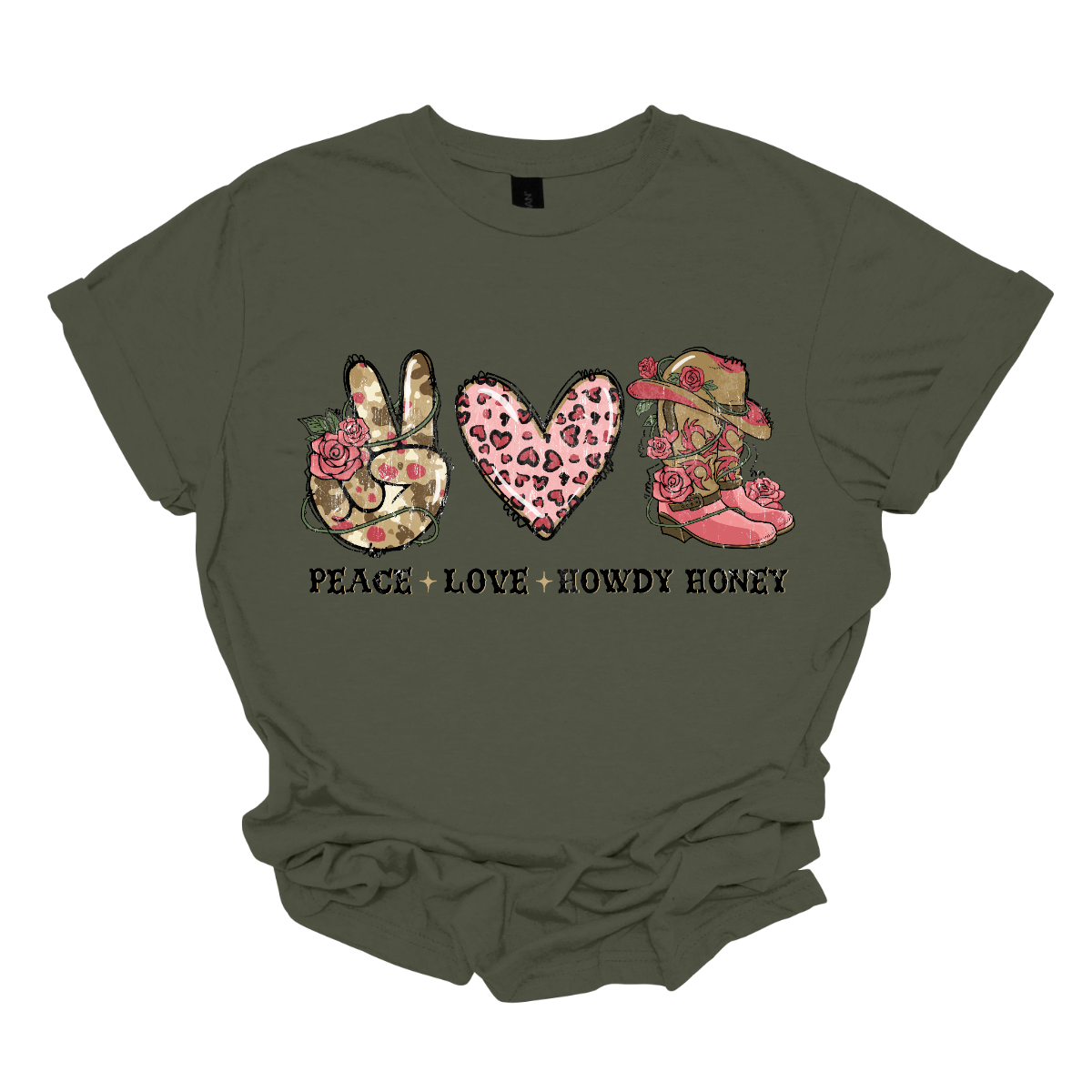 Introducing our "Peace, Love, Howdy Honey" T-shirt – a delightful and charming garment that beautifully combines messages of peace and love with a touch of Western flair. This shirt features a hand showing the peace sign, a heart, and iconic cowgirl boots adorned with a stylish cowgirl hat sitting on top. Shop at Gorgesouware.com