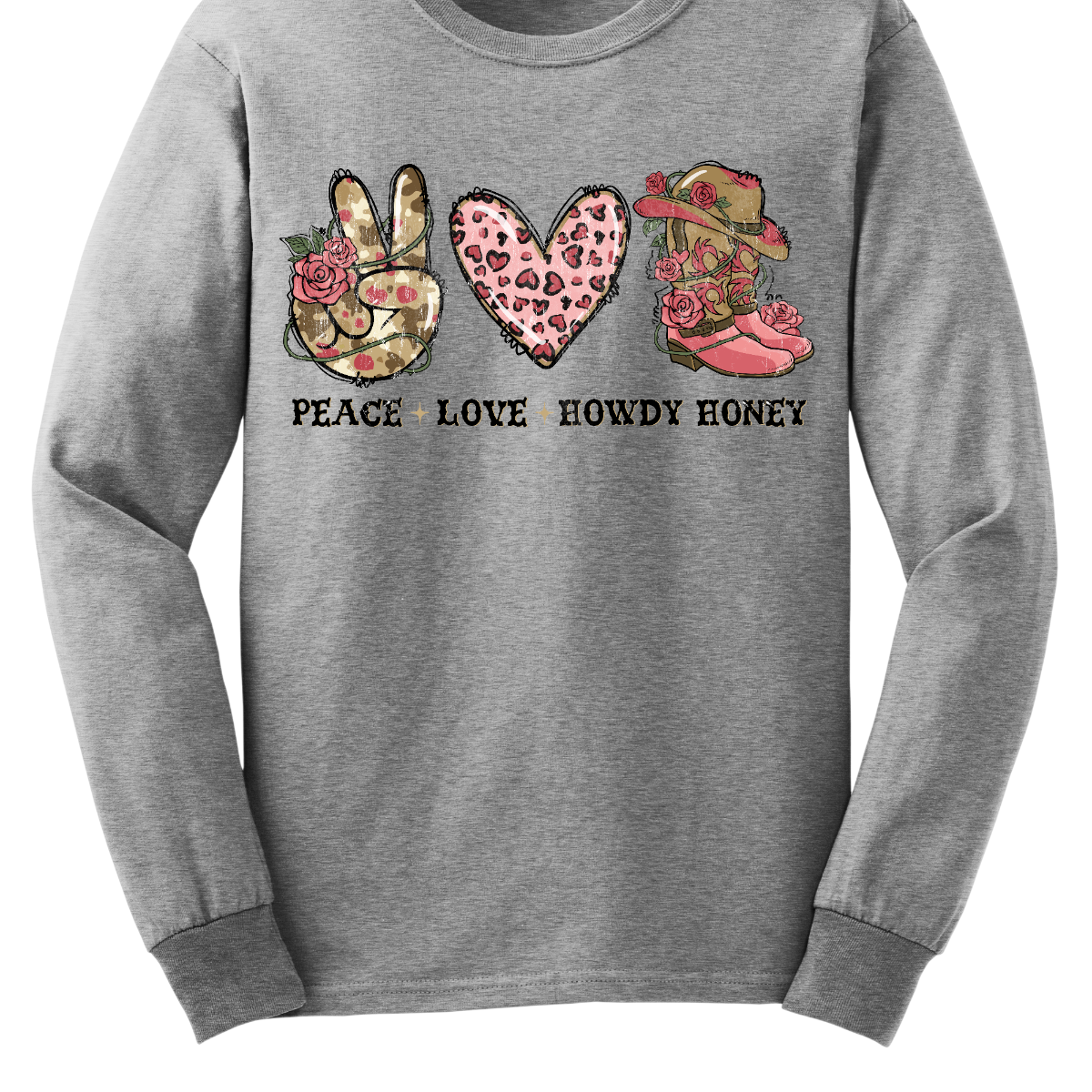 Introducing our "Peace, Love, Howdy Honey" T-shirt – a delightful and charming garment that beautifully combines messages of peace and love with a touch of Western flair. This shirt features a hand showing the peace sign, a heart, and iconic cowgirl boots adorned with a stylish cowgirl hat sitting on top. Shop at Gorgesouware.com