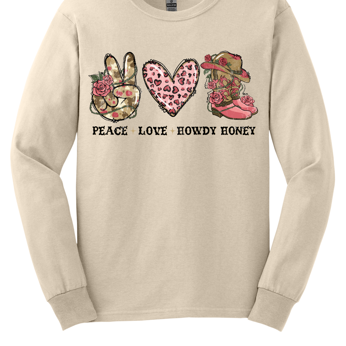 Introducing our "Peace, Love, Howdy Honey" T-shirt – a delightful and charming garment that beautifully combines messages of peace and love with a touch of Western flair. This shirt features a hand showing the peace sign, a heart, and iconic cowgirl boots adorned with a stylish cowgirl hat sitting on top. Shop at Gorgesouware.com