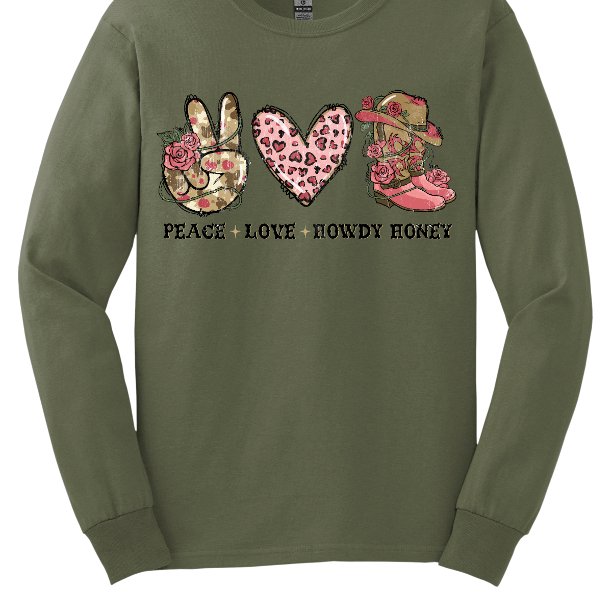 Introducing our "Peace, Love, Howdy Honey" T-shirt – a delightful and charming garment that beautifully combines messages of peace and love with a touch of Western flair. This shirt features a hand showing the peace sign, a heart, and iconic cowgirl boots adorned with a stylish cowgirl hat sitting on top. Shop at Gorgesouware.com