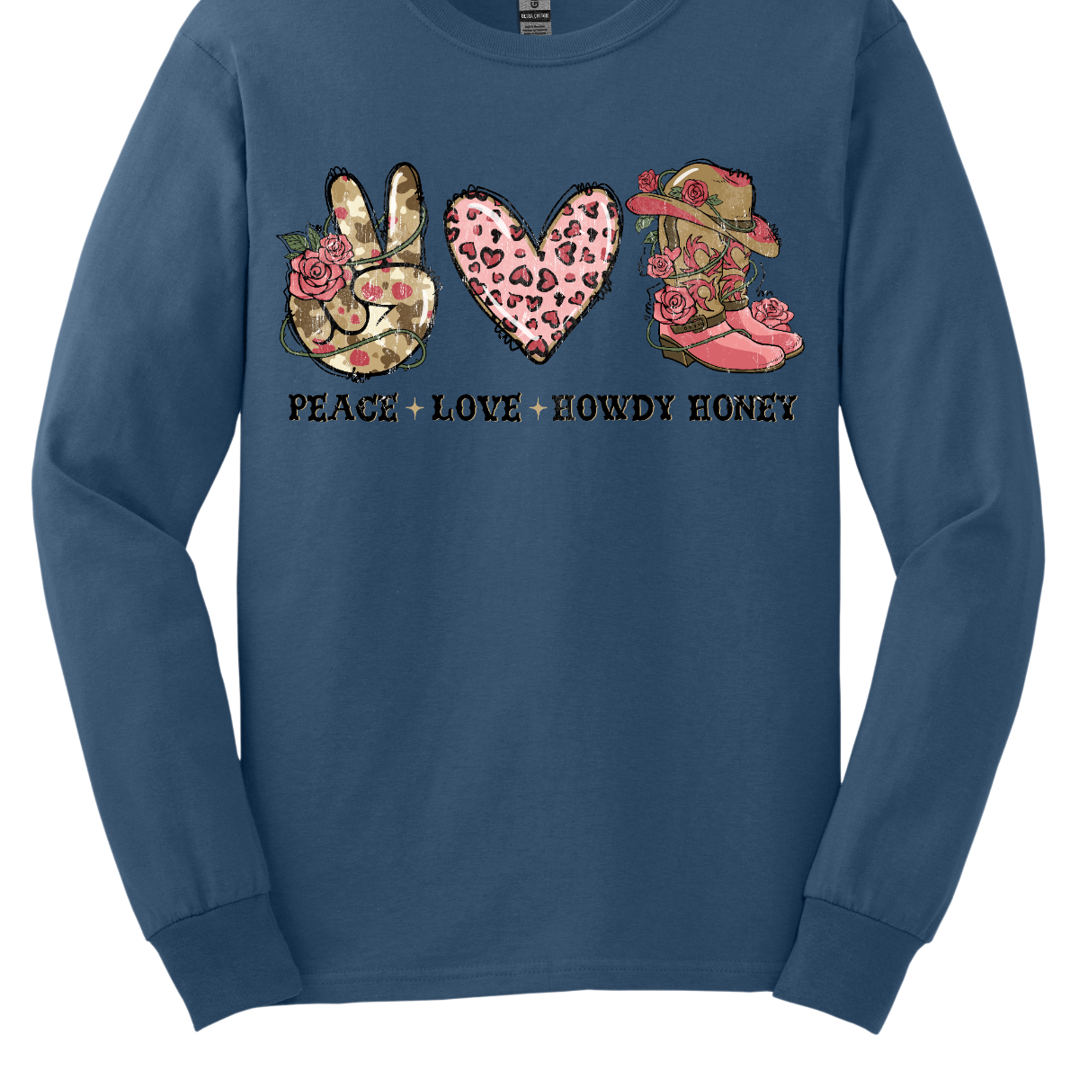 Introducing our "Peace, Love, Howdy Honey" T-shirt – a delightful and charming garment that beautifully combines messages of peace and love with a touch of Western flair. This shirt features a hand showing the peace sign, a heart, and iconic cowgirl boots adorned with a stylish cowgirl hat sitting on top. Shop at Gorgesouware.com