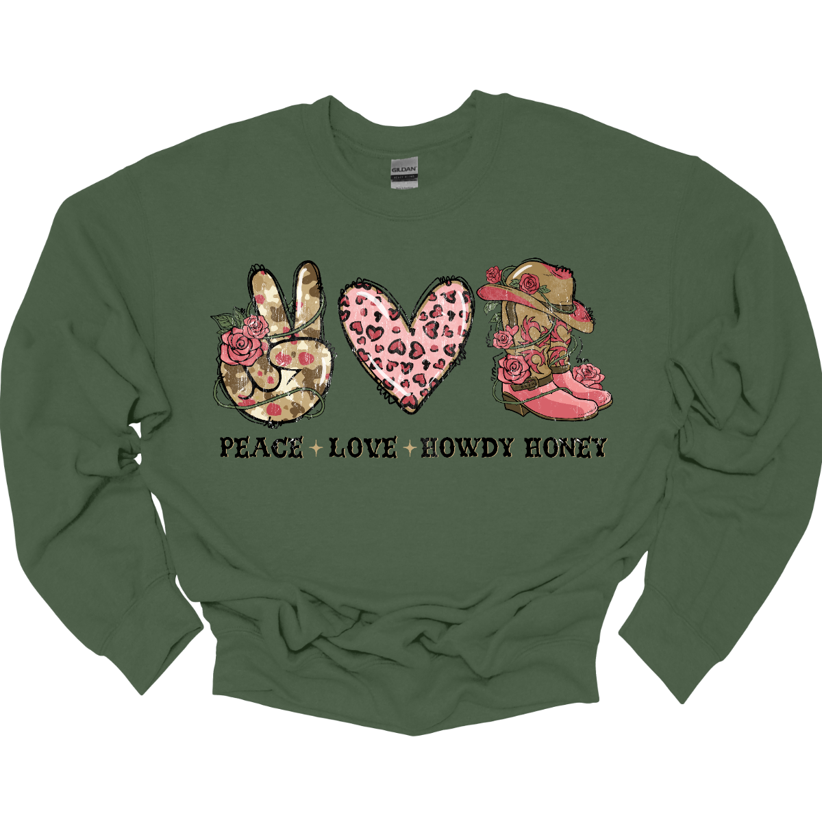 Introducing our "Peace, Love, Howdy Honey" T-shirt – a delightful and charming garment that beautifully combines messages of peace and love with a touch of Western flair. This shirt features a hand showing the peace sign, a heart, and iconic cowgirl boots adorned with a stylish cowgirl hat sitting on top. Shop at Gorgesouware.com