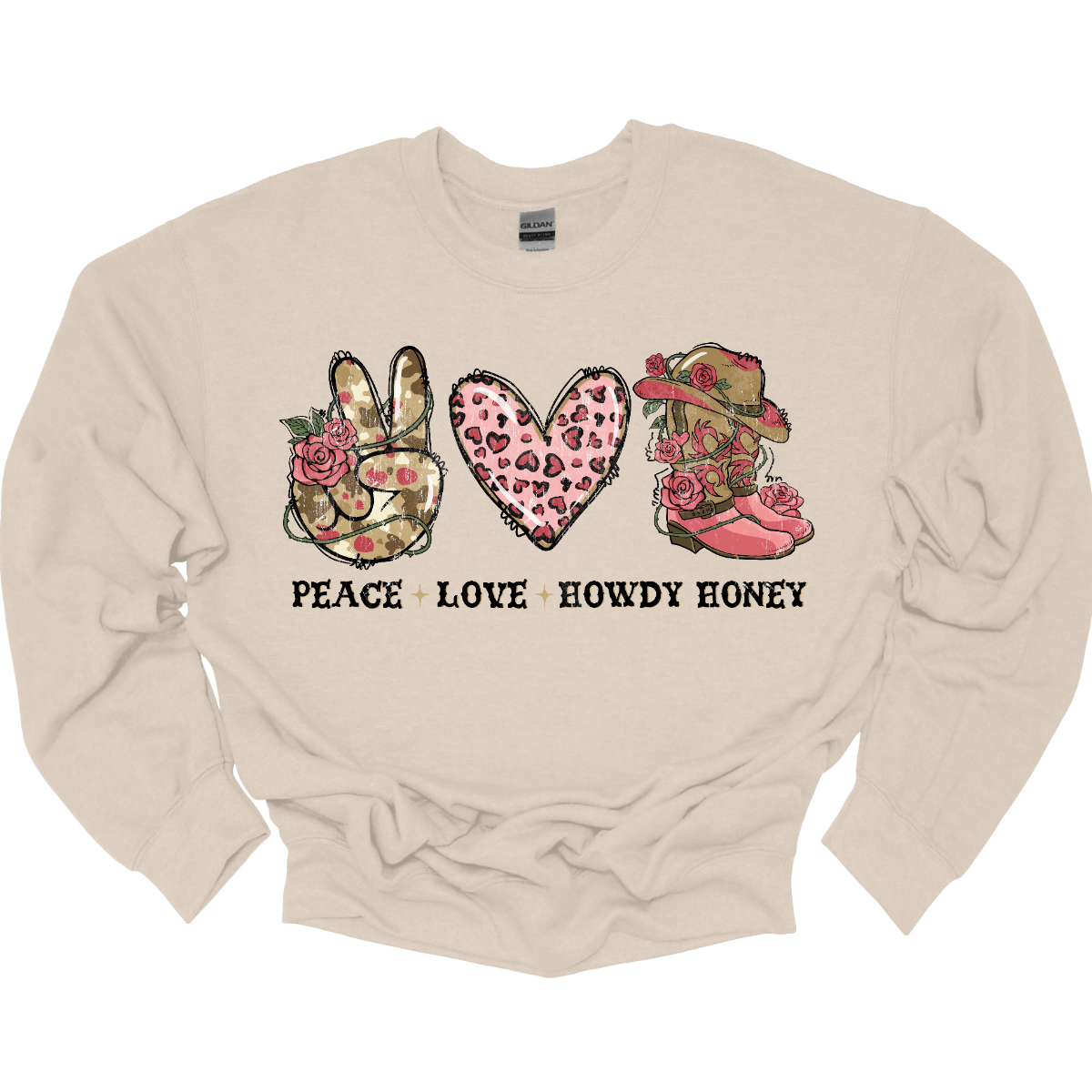 Introducing our "Peace, Love, Howdy Honey" T-shirt – a delightful and charming garment that beautifully combines messages of peace and love with a touch of Western flair. This shirt features a hand showing the peace sign, a heart, and iconic cowgirl boots adorned with a stylish cowgirl hat sitting on top. Shop at Gorgesouware.com