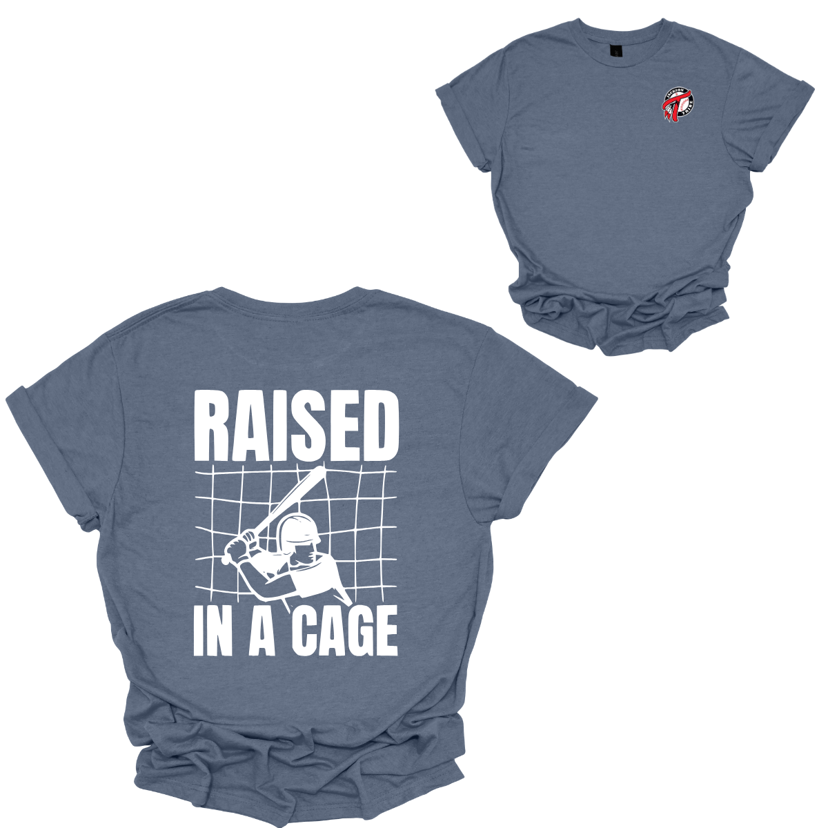 Show your passion for the game with our "Raised in a Cage" t-shirt! The front features the iconic Jackson Tribe Baseball logo on the left chest, symbolizing your dedication to the sport. The back boldly displays the phrase "Raised in a Cage," perfectly capturing the spirit of hard work and determination. Shop at Gorgeousware.com