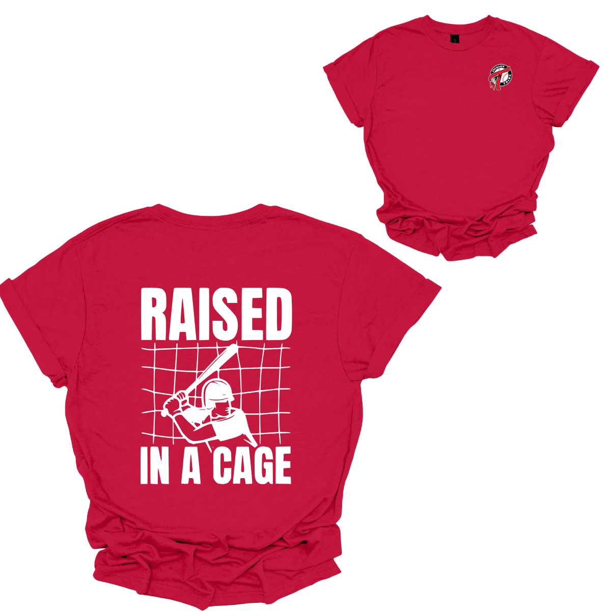 Show your passion for the game with our "Raised in a Cage" t-shirt! The front features the iconic Jackson Tribe Baseball logo on the left chest, symbolizing your dedication to the sport. The back boldly displays the phrase "Raised in a Cage," perfectly capturing the spirit of hard work and determination. Shop at Gorgeousware.com