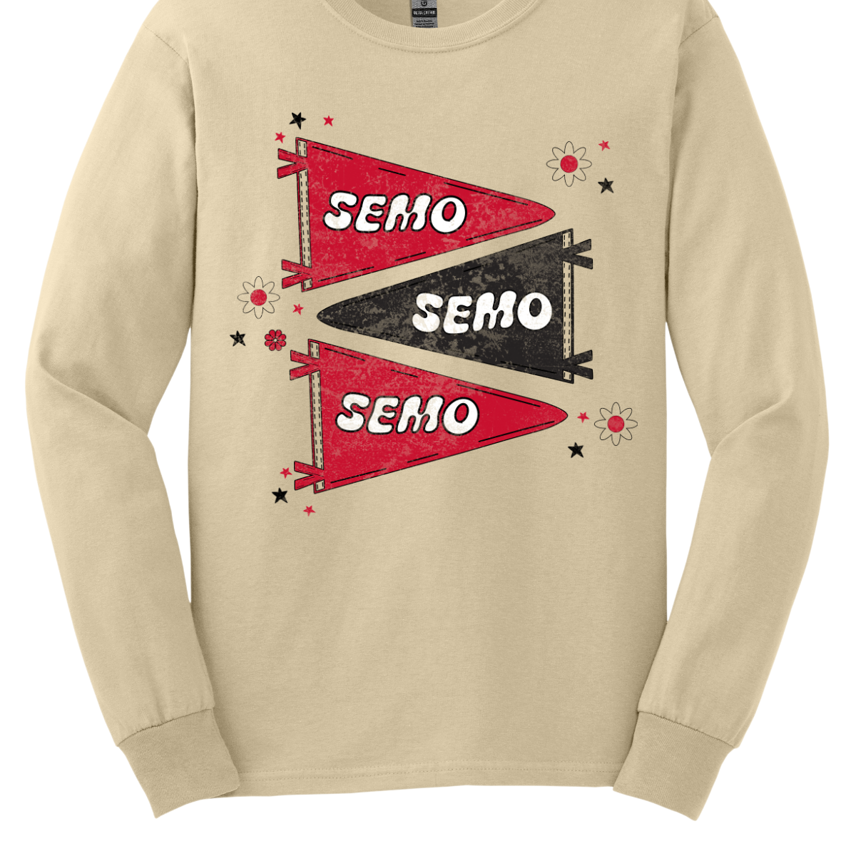 Show off your fully licensed Redhawk pride with this retro-inspired SEMO design! Featuring three vintage-style pennants alternating in bold red and black, the layout gives a dynamic, old-school vibe. Each pennant is accented with groovy bubble lettering spelling “SEMO” in a playful wave, adding a fun twist to the classic look. Surrounding the pennants are a mix of retro red and black stars and flower motifs, bringing a nostalgic flair that feels both timeless and fresh. Shop at Gorgeousware.com today!