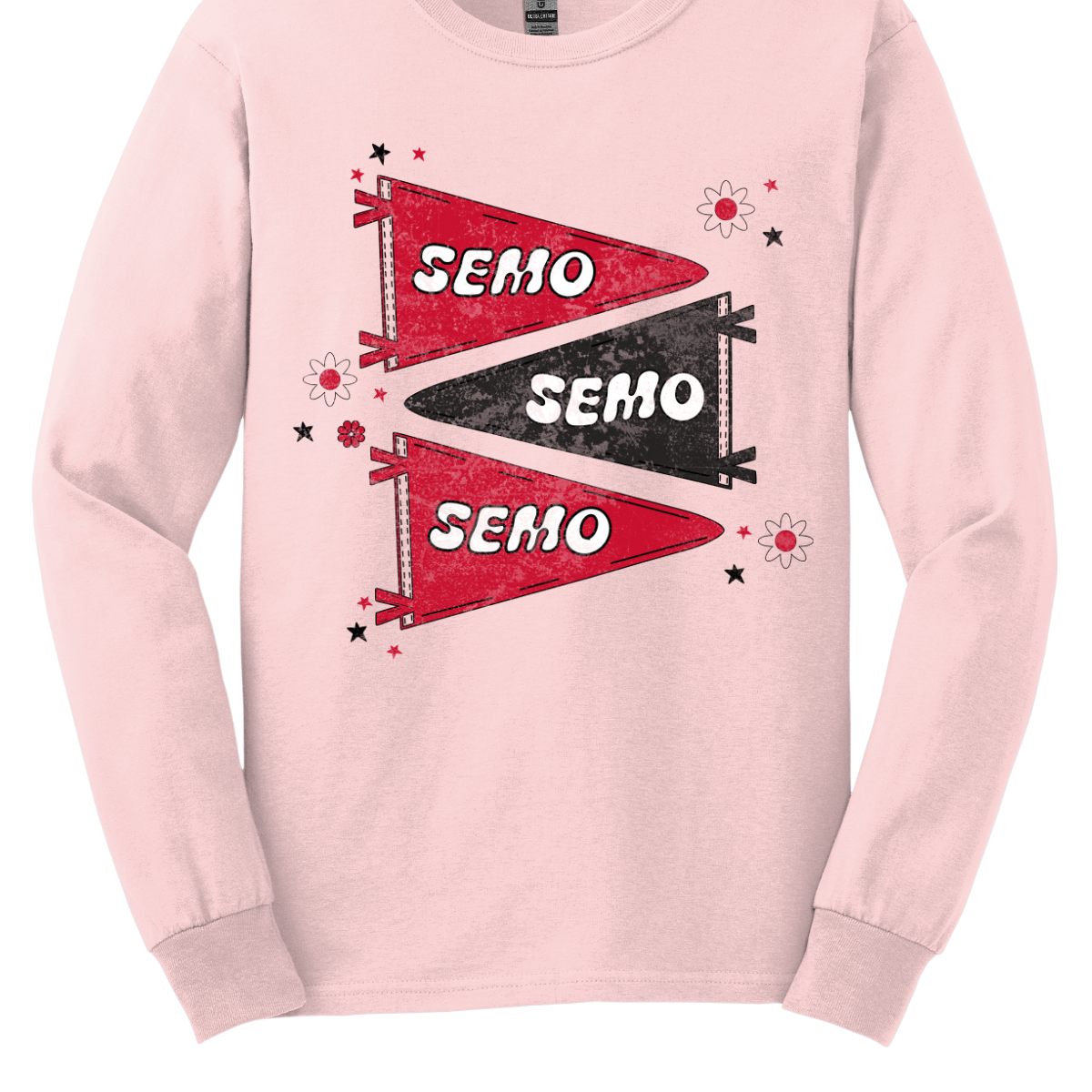 Show off your fully licensed Redhawk pride with this retro-inspired SEMO design! Featuring three vintage-style pennants alternating in bold red and black, the layout gives a dynamic, old-school vibe. Each pennant is accented with groovy bubble lettering spelling “SEMO” in a playful wave, adding a fun twist to the classic look. Surrounding the pennants are a mix of retro red and black stars and flower motifs, bringing a nostalgic flair that feels both timeless and fresh. Shop at Gorgeousware.com today!