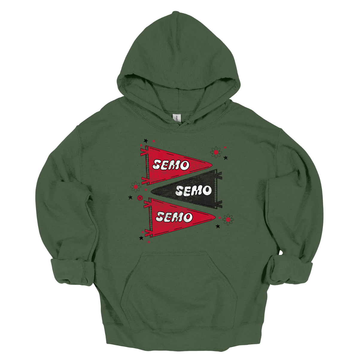Show off your licensed Redhawk pride with this retro-inspired SEMO design! Featuring three vintage-style pennants alternating in bold red and black, the layout gives a dynamic, old-school vibe. Each pennant is accented with groovy bubble lettering spelling “SEMO” in a playful wave, adding  a fun twist to the classic look. Surrounding the pennants are a mix of retro red and black stars and flower motifs, bringing a nostalgic flair that feels both timeless and fresh. Shop at Gorgeousware.com!