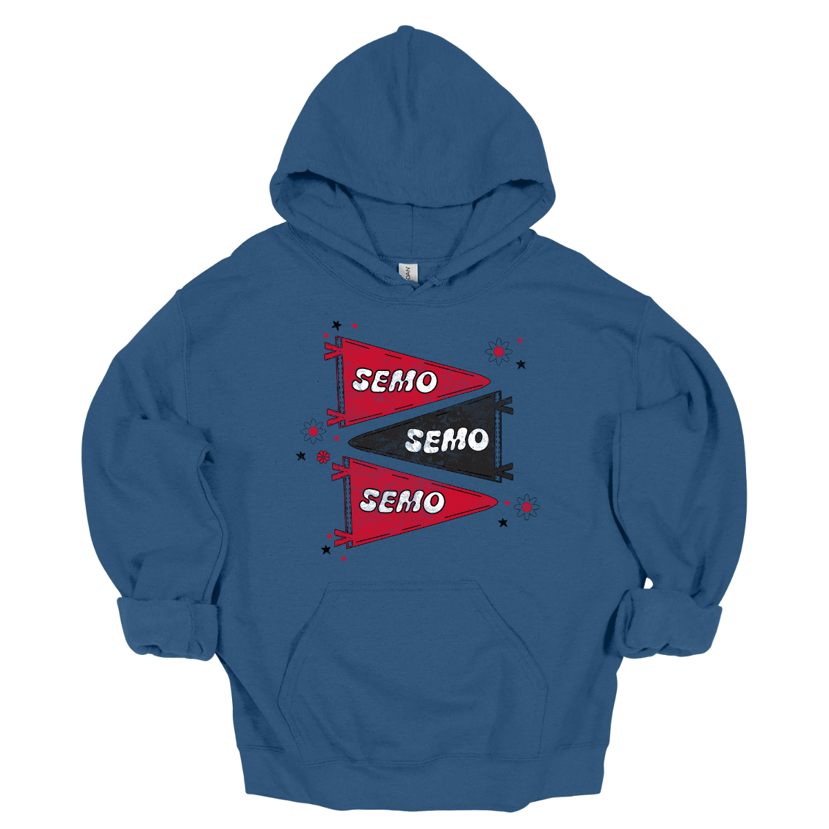 Show off your licensed Redhawk pride with this retro-inspired SEMO design! Featuring three vintage-style pennants alternating in bold red and black, the layout gives a dynamic, old-school vibe. Each pennant is accented with groovy bubble lettering spelling “SEMO” in a playful wave, adding  a fun twist to the classic look. Surrounding the pennants are a mix of retro red and black stars and flower motifs, bringing a nostalgic flair that feels both timeless and fresh. Shop at Gorgeousware.com!