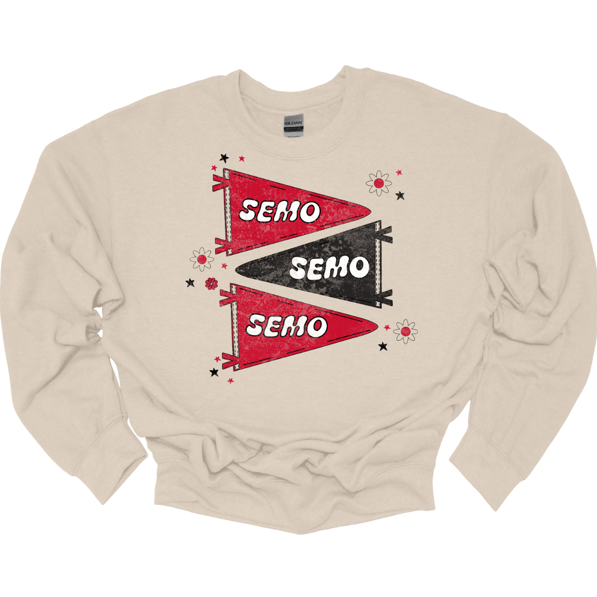 Show off your licensed Redhawk pride with this retro-inspired SEMO design! Featuring three vintage-style pennants alternating in bold red and black, the layout gives a dynamic, old-school vibe. Each pennant is accented with groovy bubble lettering spelling “SEMO” in a playful wave, adding  a fun twist to the classic look. Surrounding the pennants are a mix of retro red and black stars and flower motifs, bringing a nostalgic flair that feels both timeless and fresh. Shop at Gorgeousware.com!