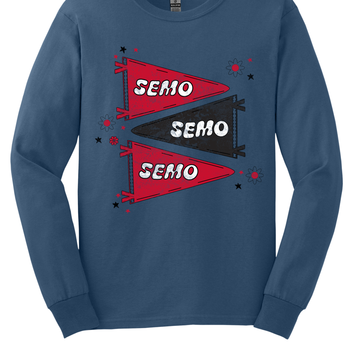 Show off your fully licensed Redhawk pride with this retro-inspired SEMO design! Featuring three vintage-style pennants alternating in bold red and black, the layout gives a dynamic, old-school vibe. Each pennant is accented with groovy bubble lettering spelling “SEMO” in a playful wave, adding a fun twist to the classic look. Surrounding the pennants are a mix of retro red and black stars and flower motifs, bringing a nostalgic flair that feels both timeless and fresh. Shop at Gorgeousware.com today!