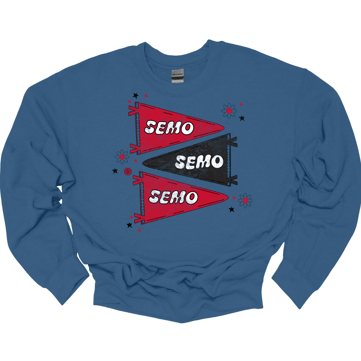 Show off your licensed Redhawk pride with this retro-inspired SEMO design! Featuring three vintage-style pennants alternating in bold red and black, the layout gives a dynamic, old-school vibe. Each pennant is accented with groovy bubble lettering spelling “SEMO” in a playful wave, adding  a fun twist to the classic look. Surrounding the pennants are a mix of retro red and black stars and flower motifs, bringing a nostalgic flair that feels both timeless and fresh. Shop at Gorgeousware.com!