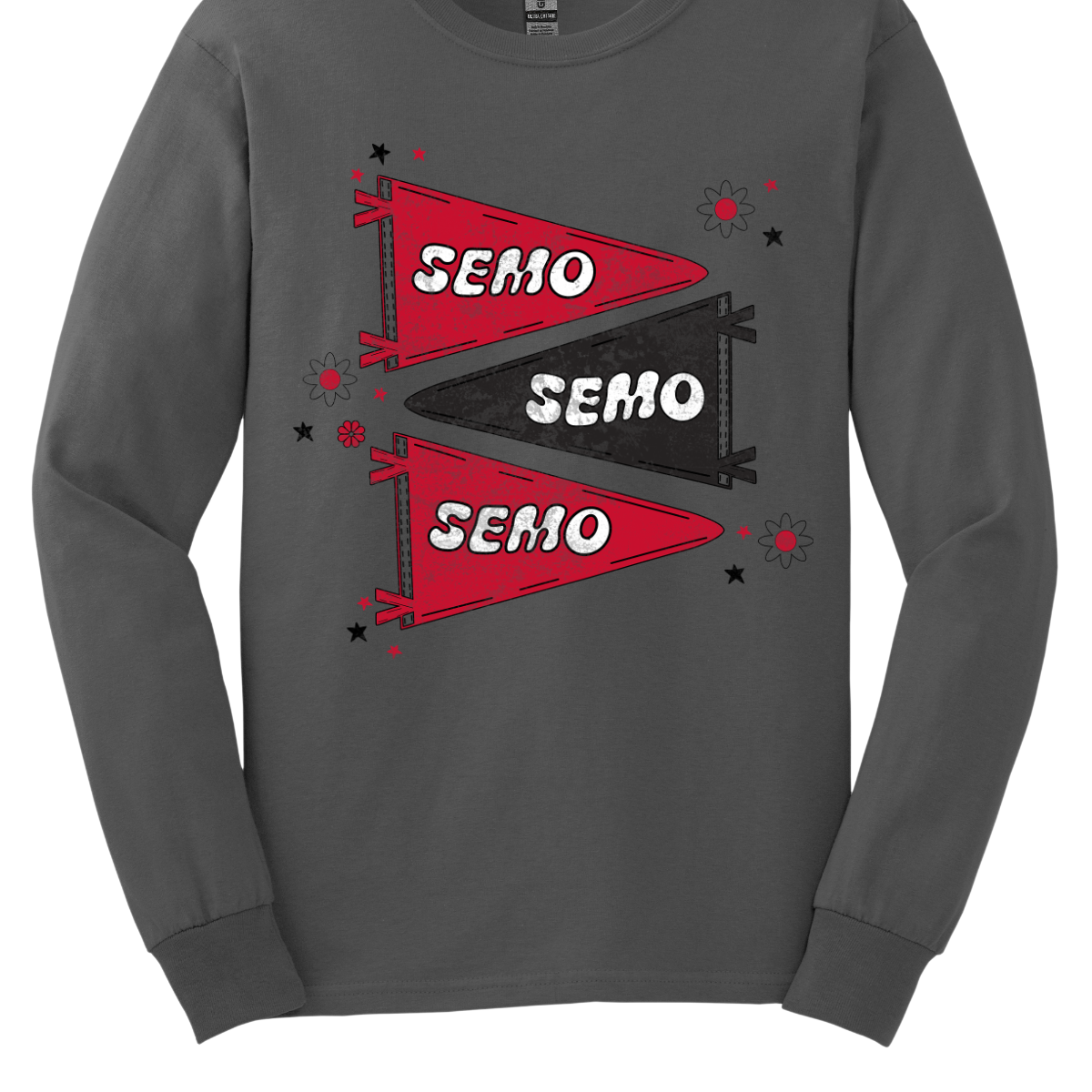 Show off your fully licensed Redhawk pride with this retro-inspired SEMO design! Featuring three vintage-style pennants alternating in bold red and black, the layout gives a dynamic, old-school vibe. Each pennant is accented with groovy bubble lettering spelling “SEMO” in a playful wave, adding a fun twist to the classic look. Surrounding the pennants are a mix of retro red and black stars and flower motifs, bringing a nostalgic flair that feels both timeless and fresh. Shop at Gorgeousware.com today!