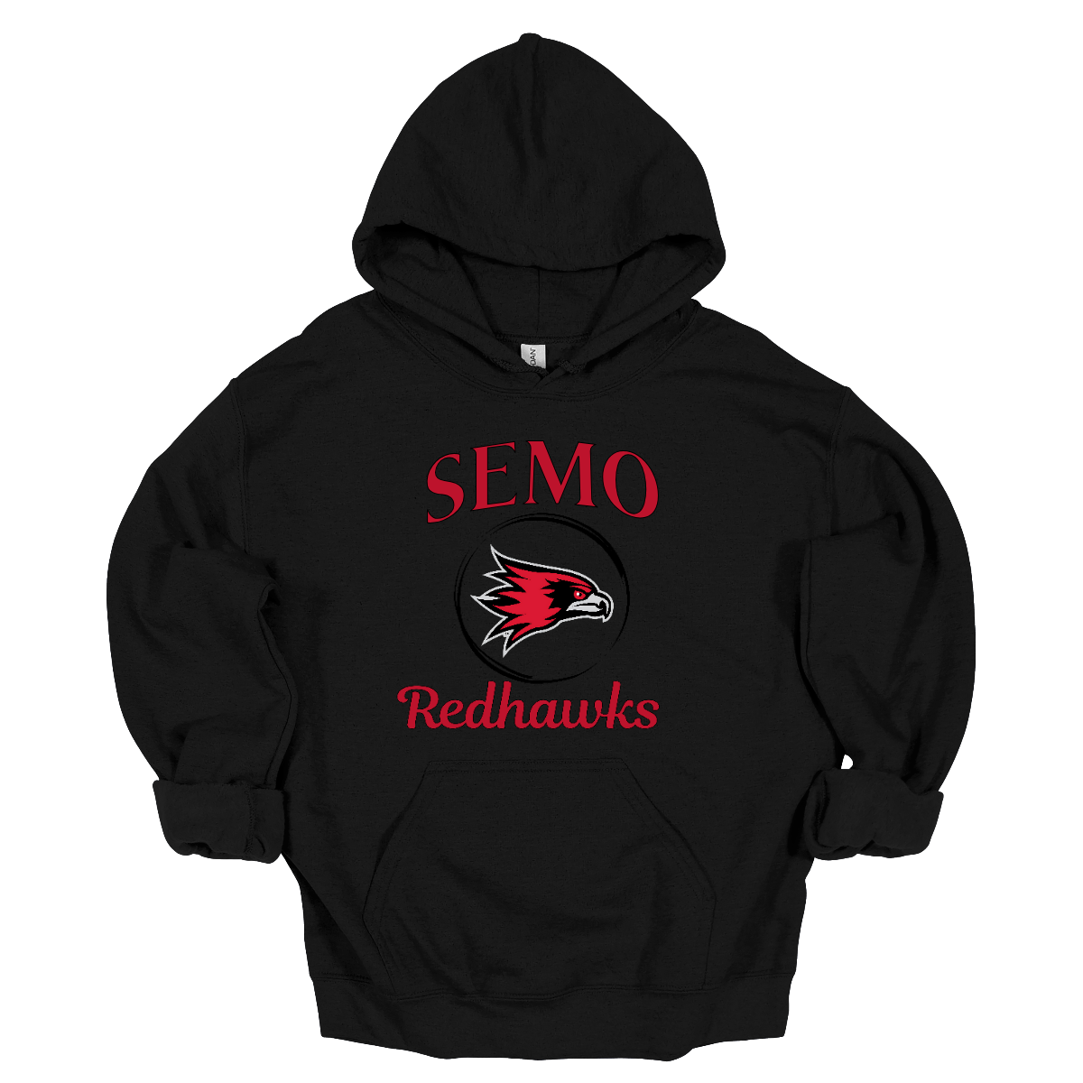 This sleek and spirited apparel is perfect for showing off school pride in a stylish way! The design starts with the bold word "Semo", representing your school or alma mater. In the center of the design, there's a circle that houses the iconic Redhawk logo, instantly recognizable and full of school spirit. At the bottom of the circle, the word "Redhawks" is elegantly scripted in a flowing cursive font, adding a touch of sophistication to the bold, athletic look. Shop at Gorgeousware.com