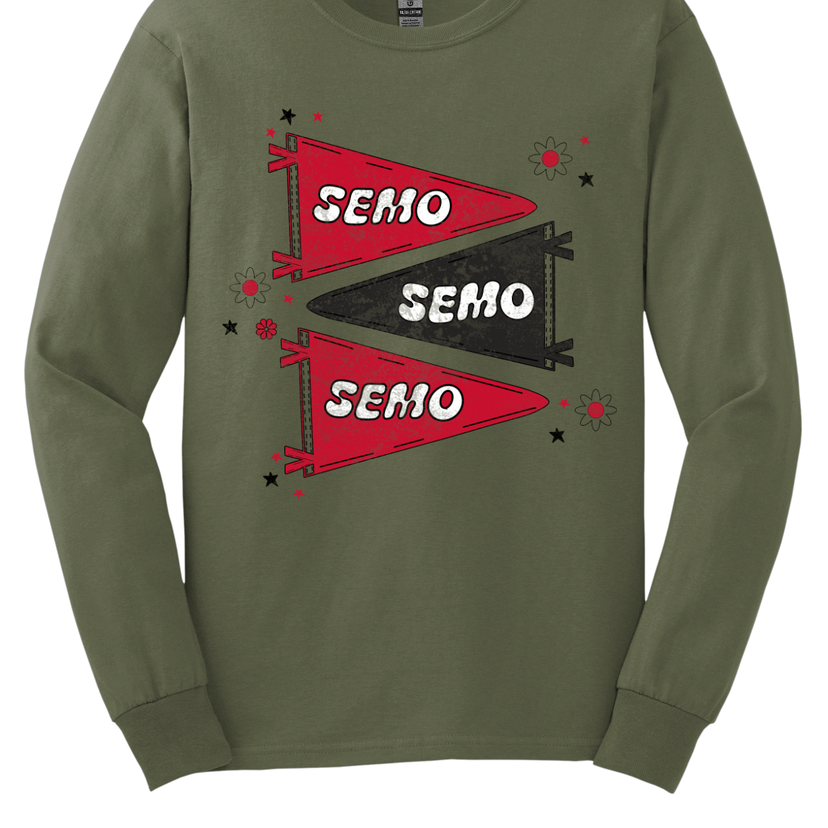 Show off your fully licensed Redhawk pride with this retro-inspired SEMO design! Featuring three vintage-style pennants alternating in bold red and black, the layout gives a dynamic, old-school vibe. Each pennant is accented with groovy bubble lettering spelling “SEMO” in a playful wave, adding a fun twist to the classic look. Surrounding the pennants are a mix of retro red and black stars and flower motifs, bringing a nostalgic flair that feels both timeless and fresh. Shop at Gorgeousware.com today!